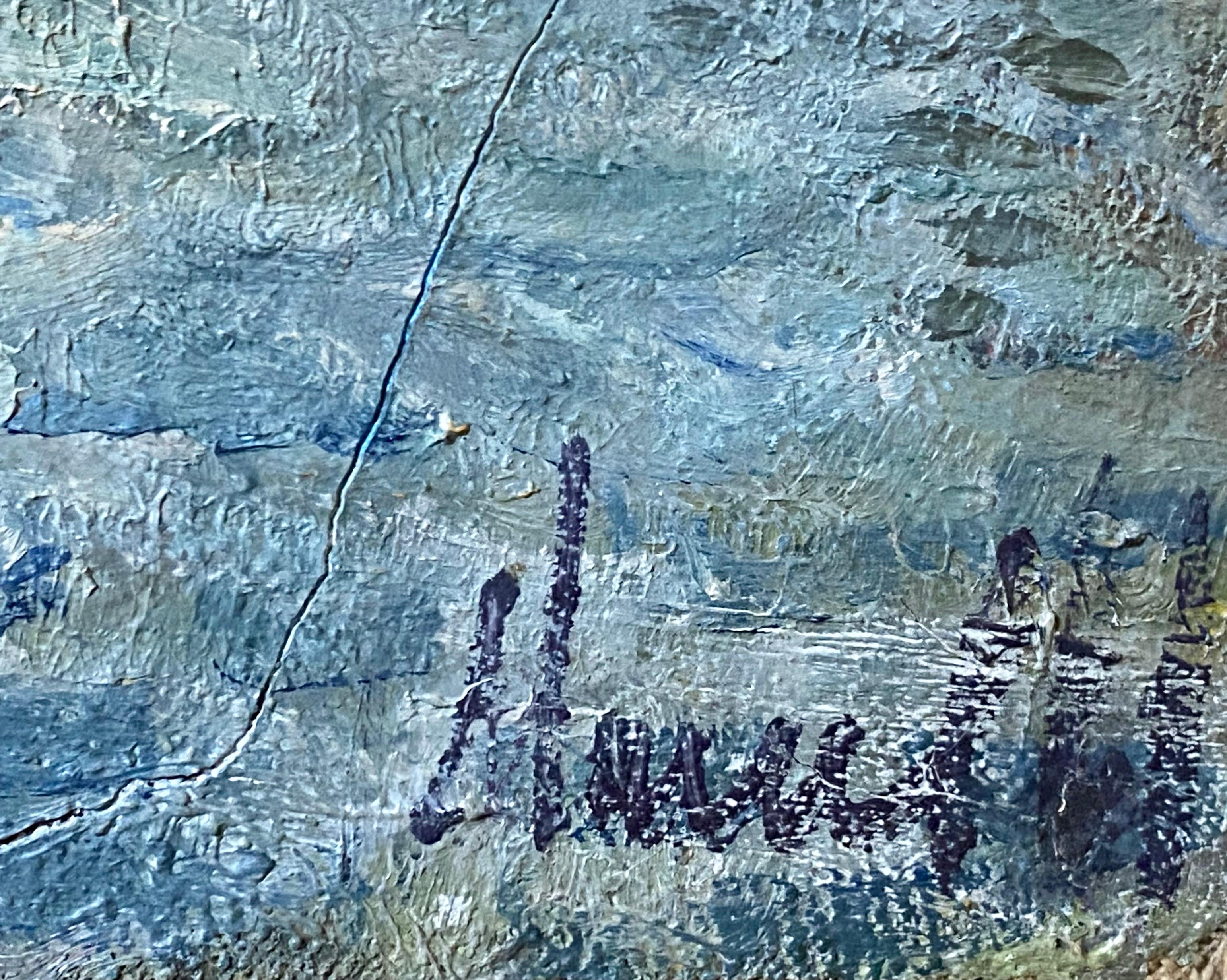 Grande paesaggio urbano francese post impressionista di Parigi - fiume Senna - Landscape Painting Grigio di Manuel Gil