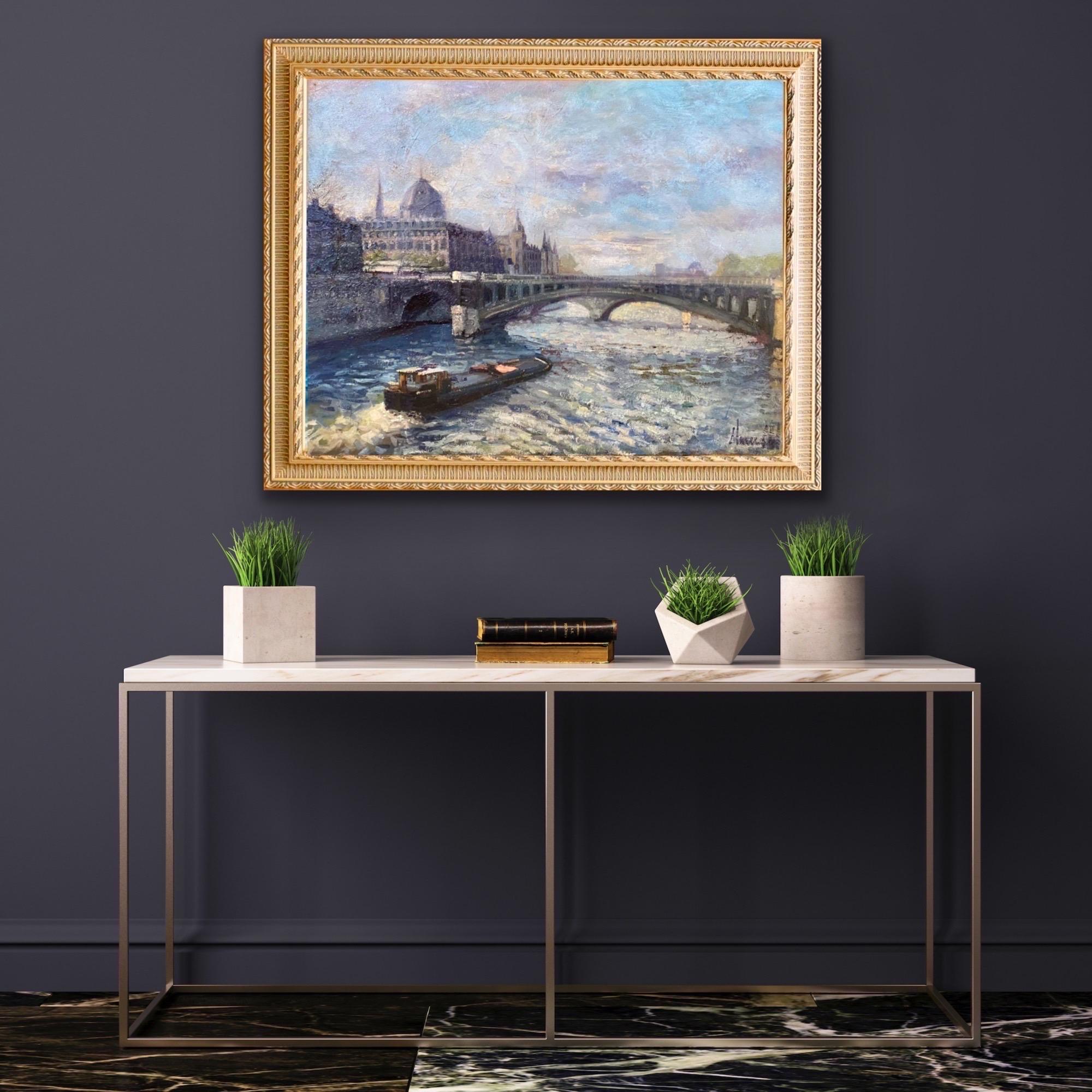 Splendido e grande paesaggio urbano francese post impressionista di Parigi

Questo vivace dipinto raffigura una giornata di sole a Parigi, con il sole che si riflette sull'acqua della Senna.

Manuel Gil (nato nel 1944) è noto per le sue colorate