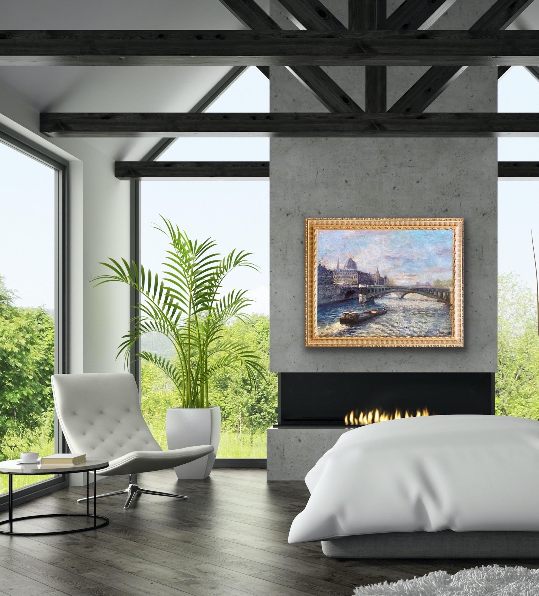 Grande paesaggio urbano francese post impressionista di Parigi - fiume Senna 1