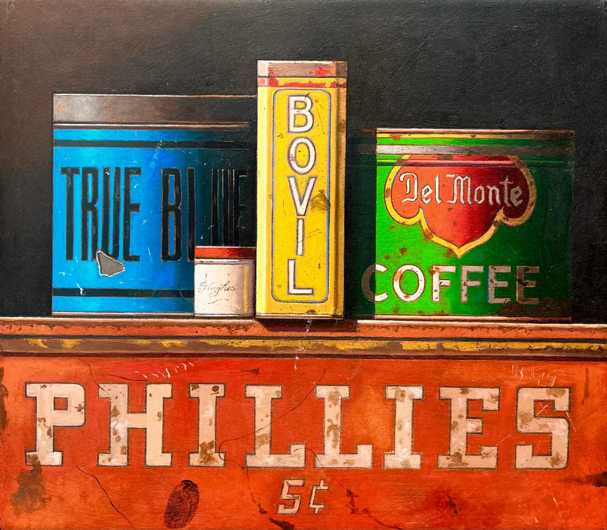 Manuel Hughes Still-Life Painting – Trompe Loeil Can Malerei mit dem Titel "Shelf Life" (Haltbarkeit)
