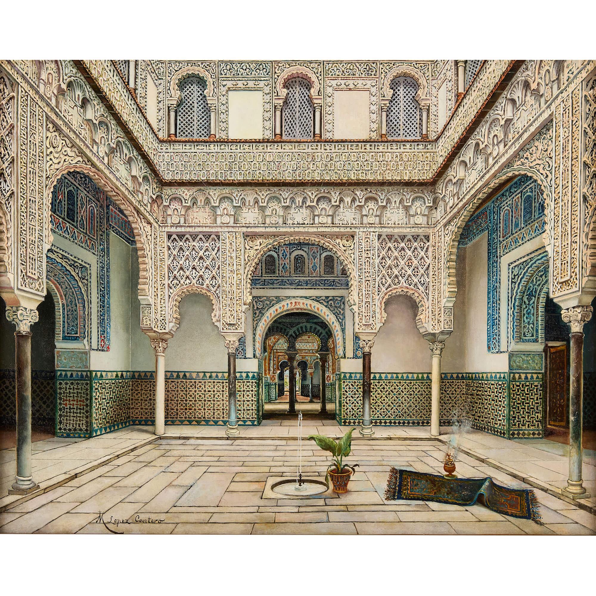 Peinture à l'huile orientaliste espagnole de l'Alcazar de Séville par López Cantero - Painting de Manuel López Cantero
