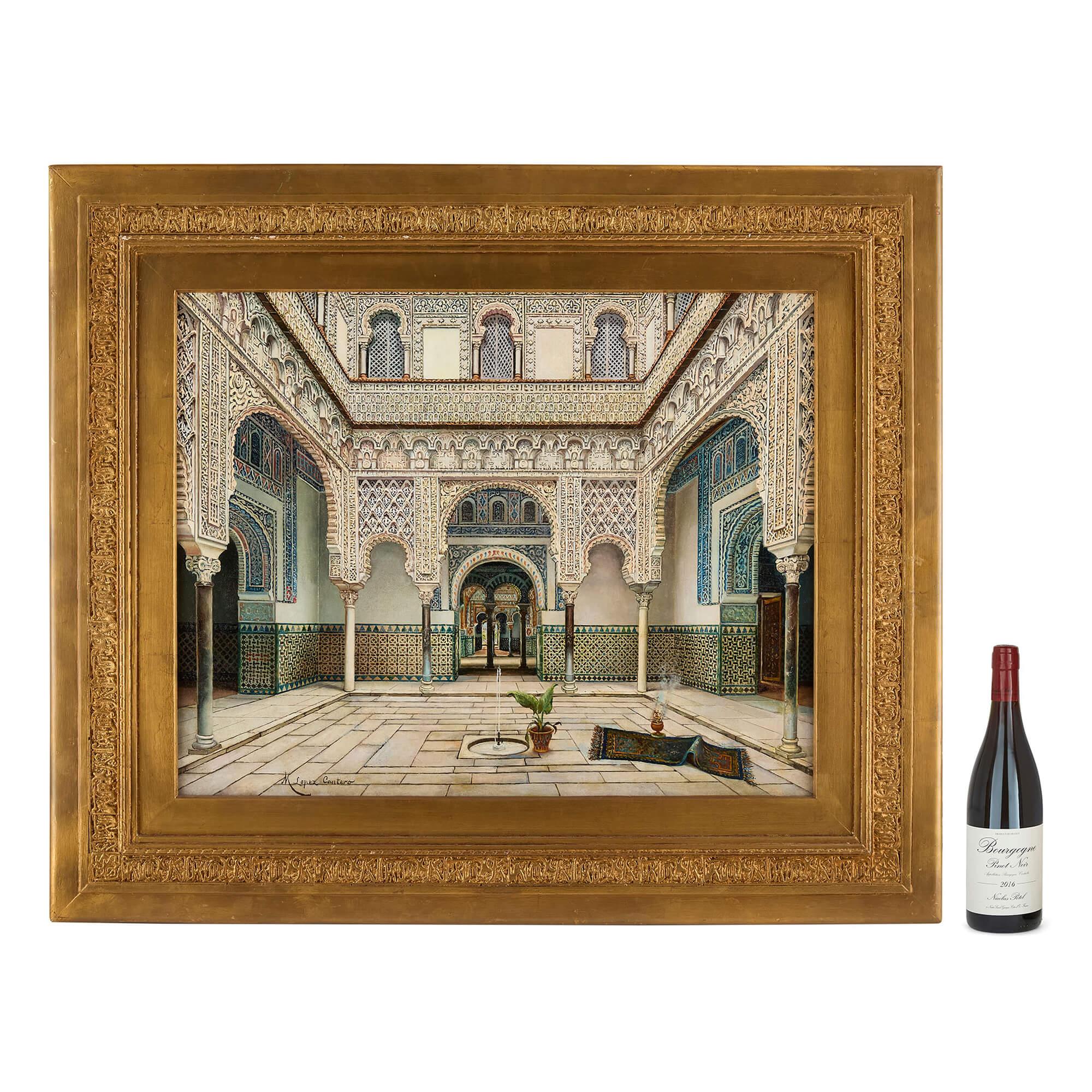 Peinture à l'huile orientaliste espagnole de l'Alcazar de Séville par López Cantero
Espagnol, Fin du 19e siècle
Toile : Hauteur 54 cm, largeur 67 cm
Cadre : Hauteur 80 cm, largeur 92 cm, profondeur 3,5 cm

Cette remarquable peinture à l'huile de