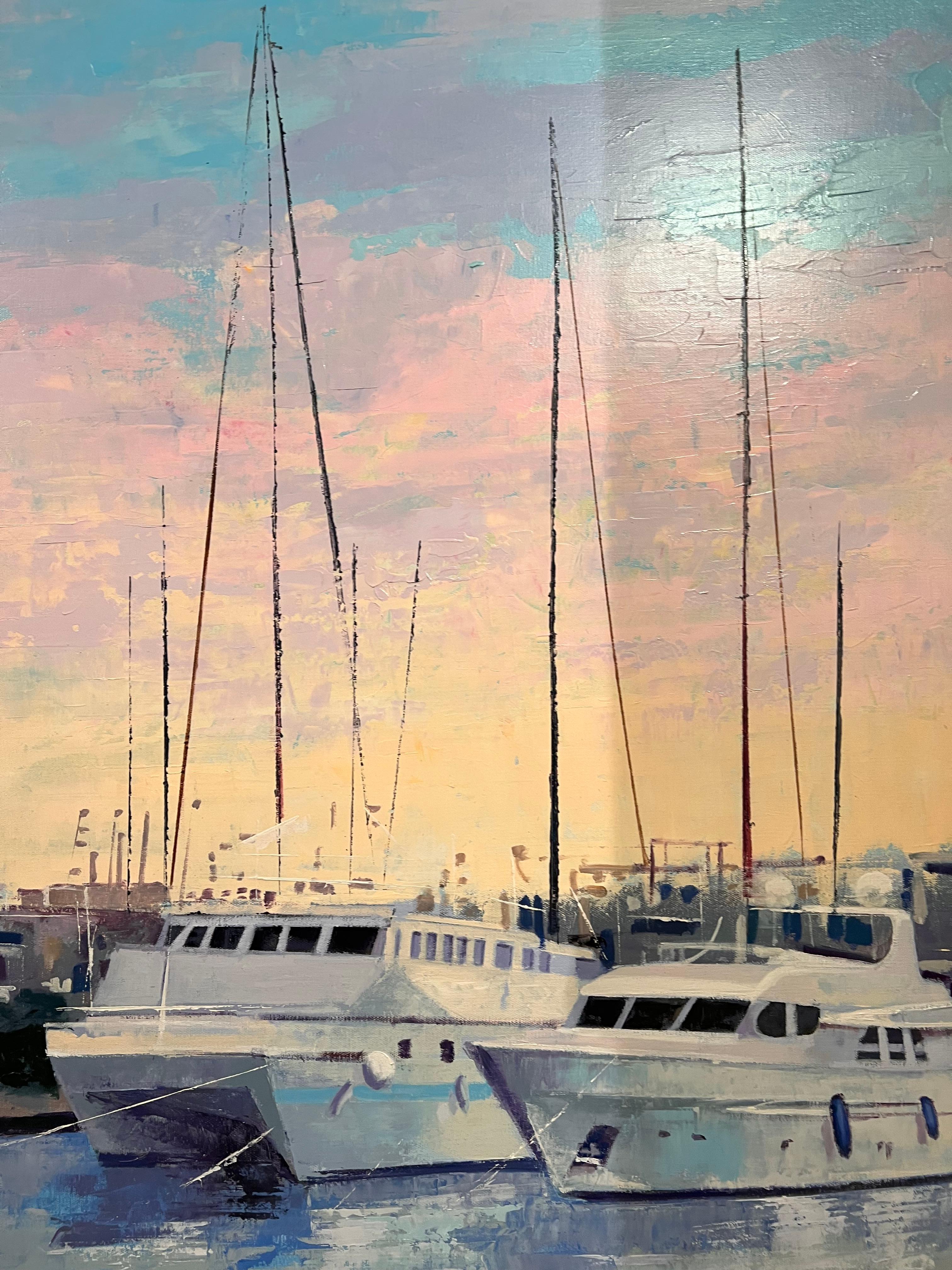 Boats in Harbor - Impressionist Painting by Manuel Lorente