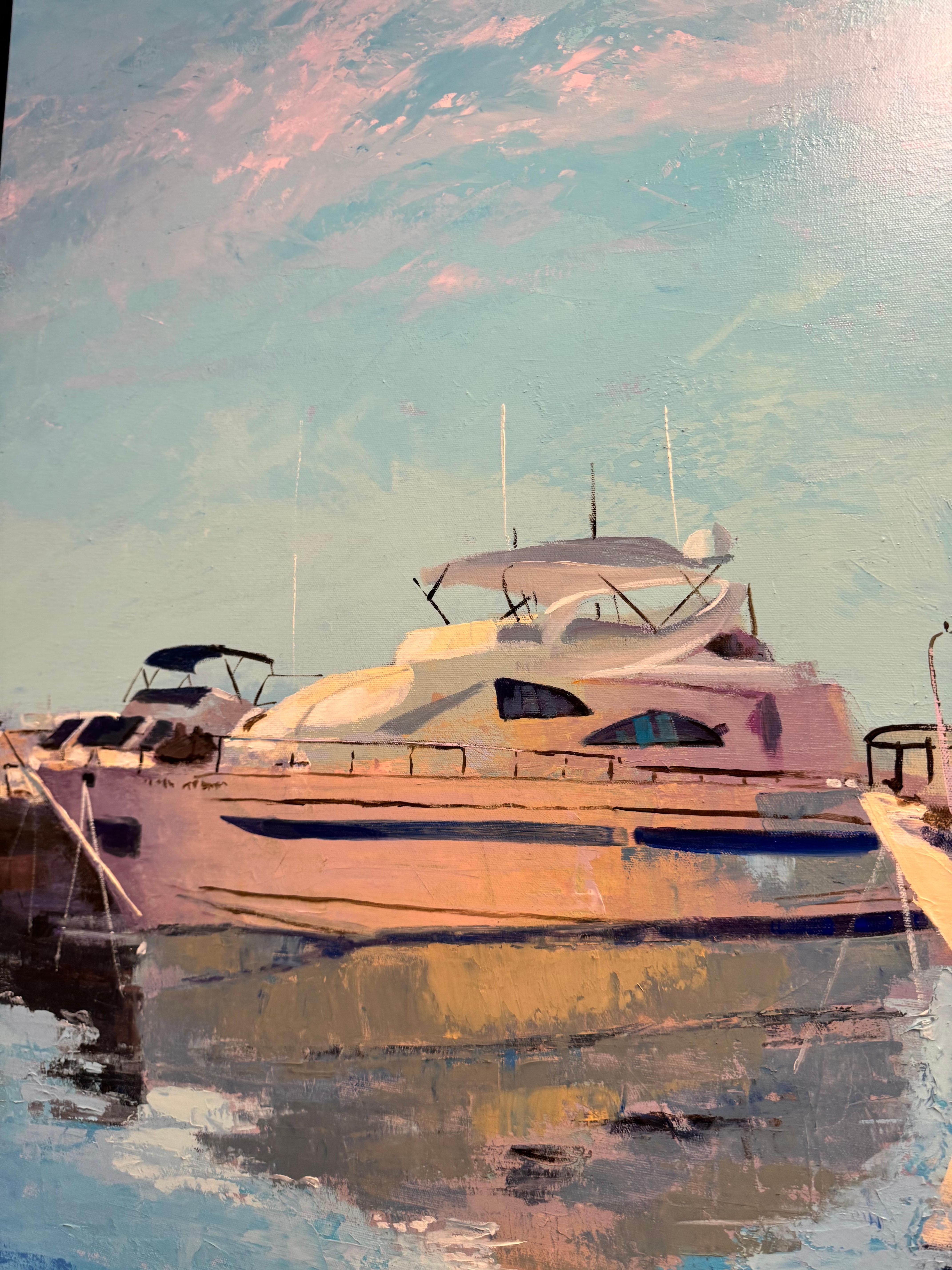 Yacht im Hafen – Painting von Manuel Lorente