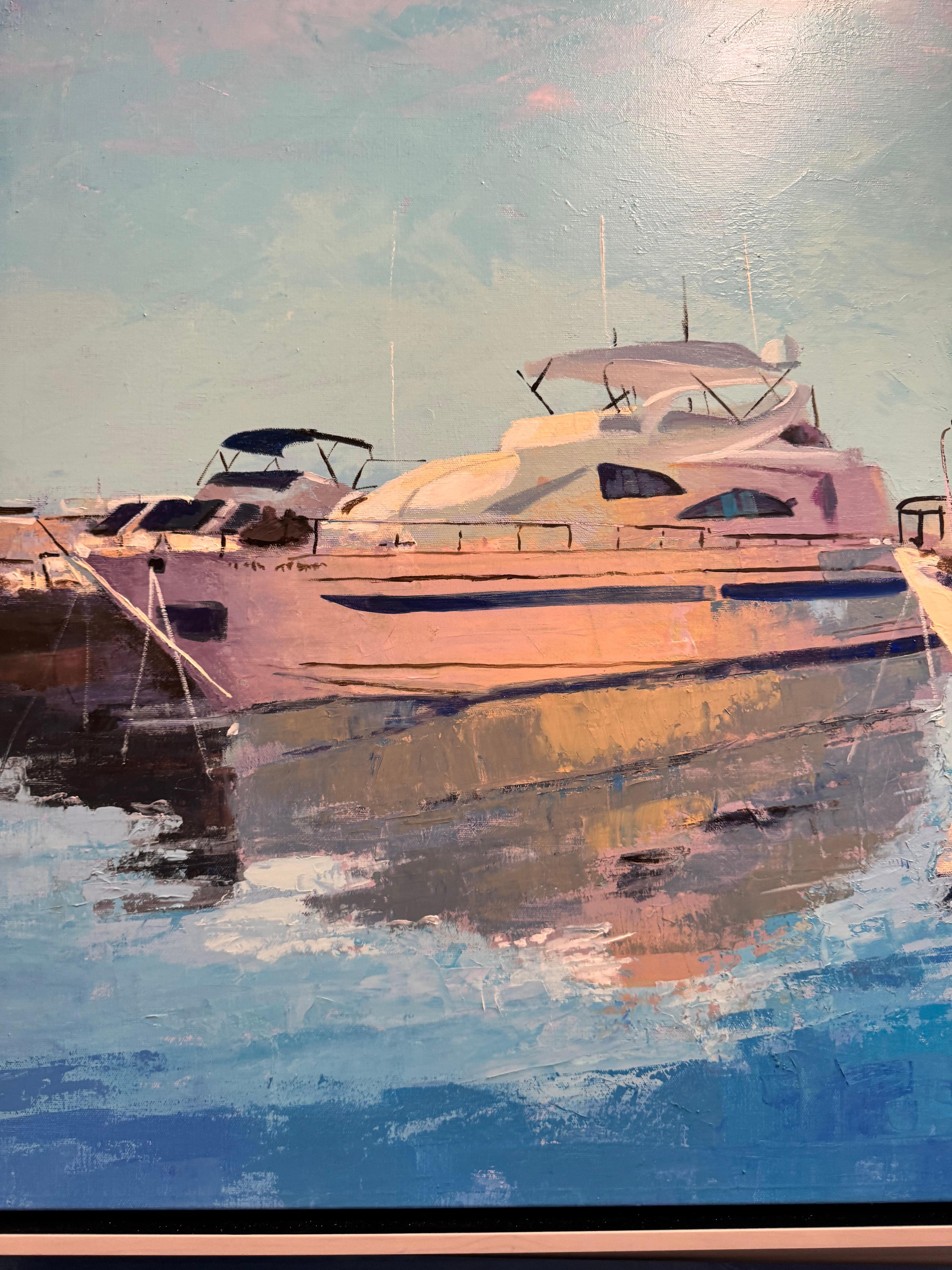 Yacht im Hafen (Impressionismus), Painting, von Manuel Lorente