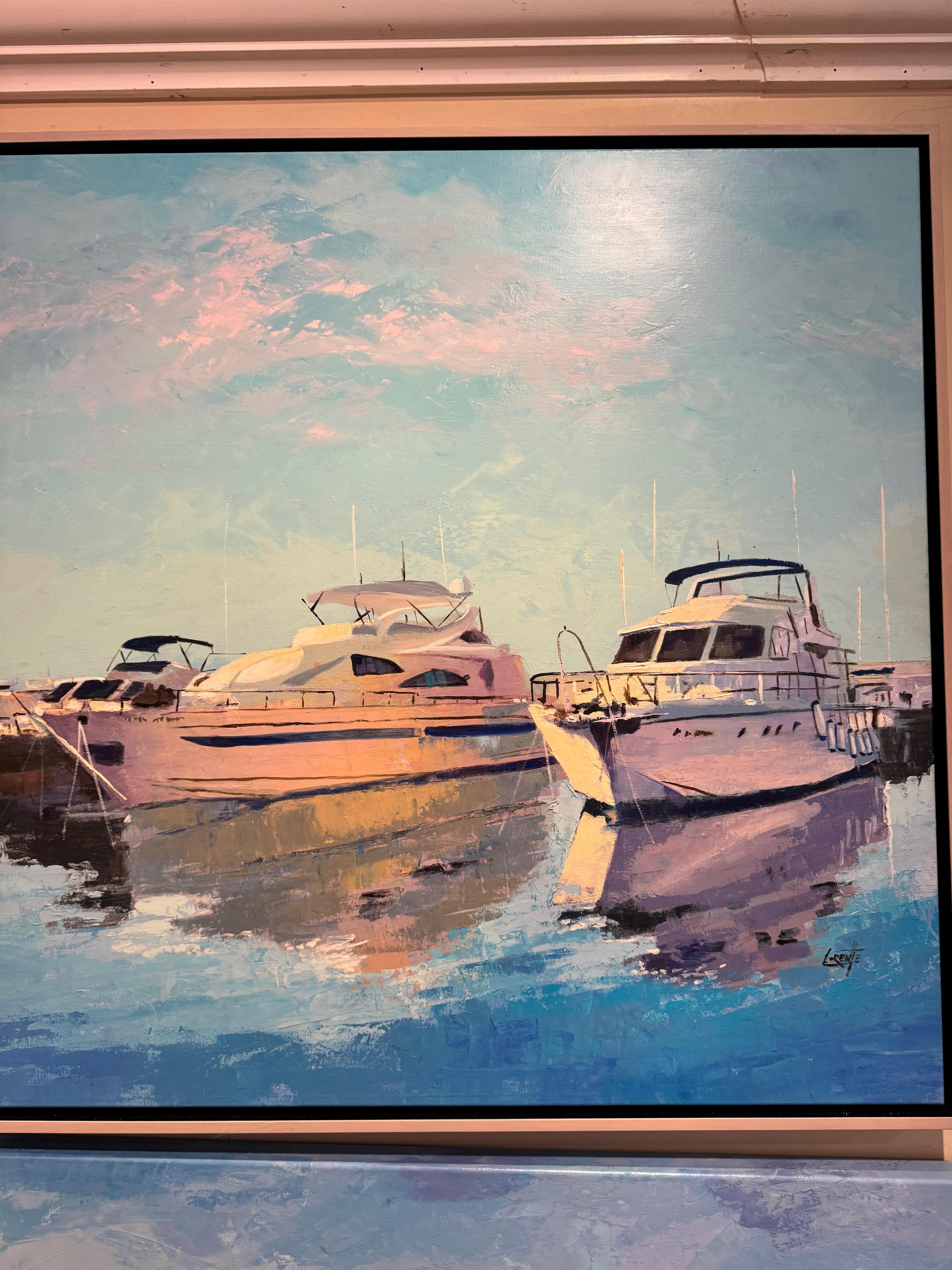Yacht im Hafen (Grau), Landscape Painting, von Manuel Lorente