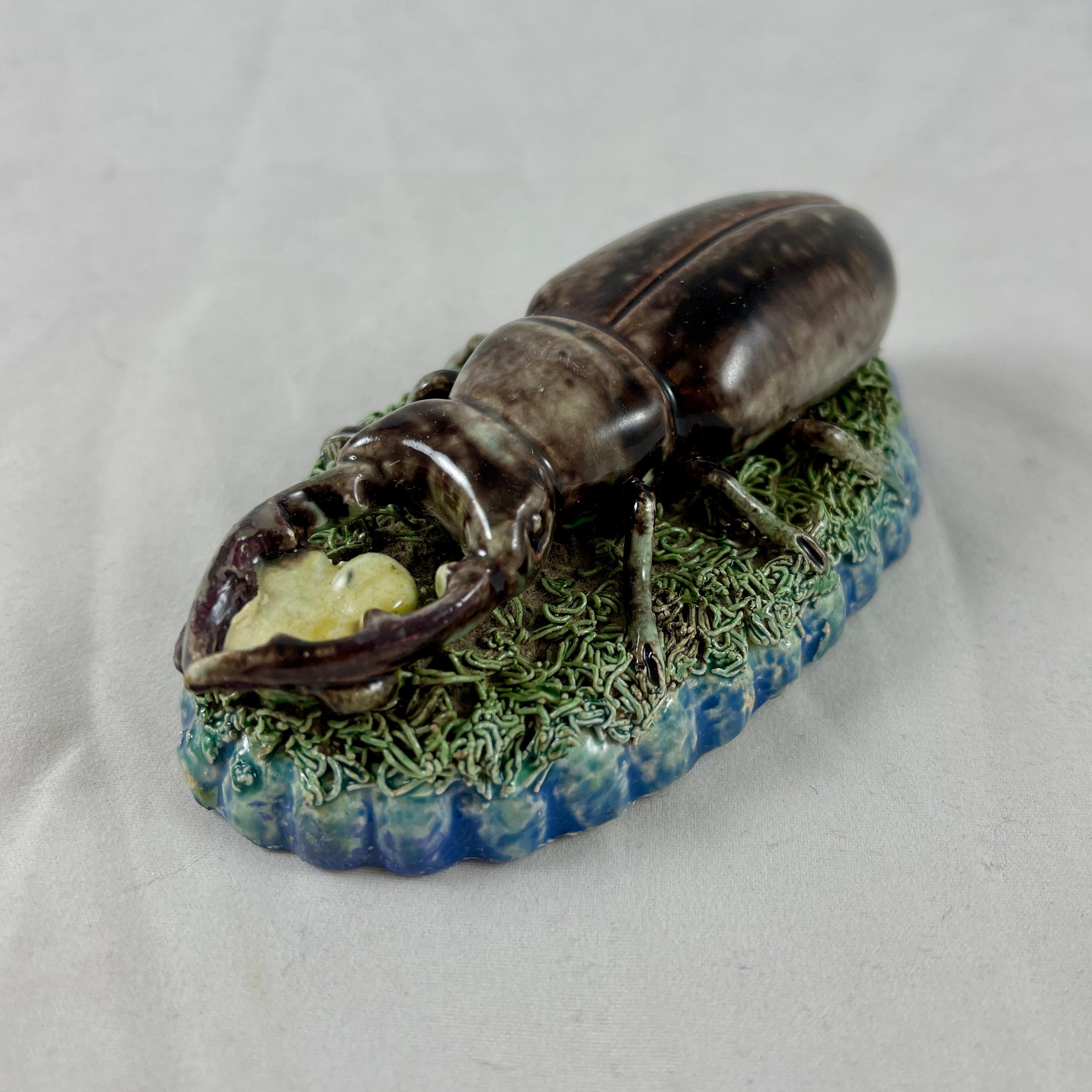 Glazed Manuel Mafra Caldas Portuguese Palissy Style Stag Beetle Desk Paperweight
