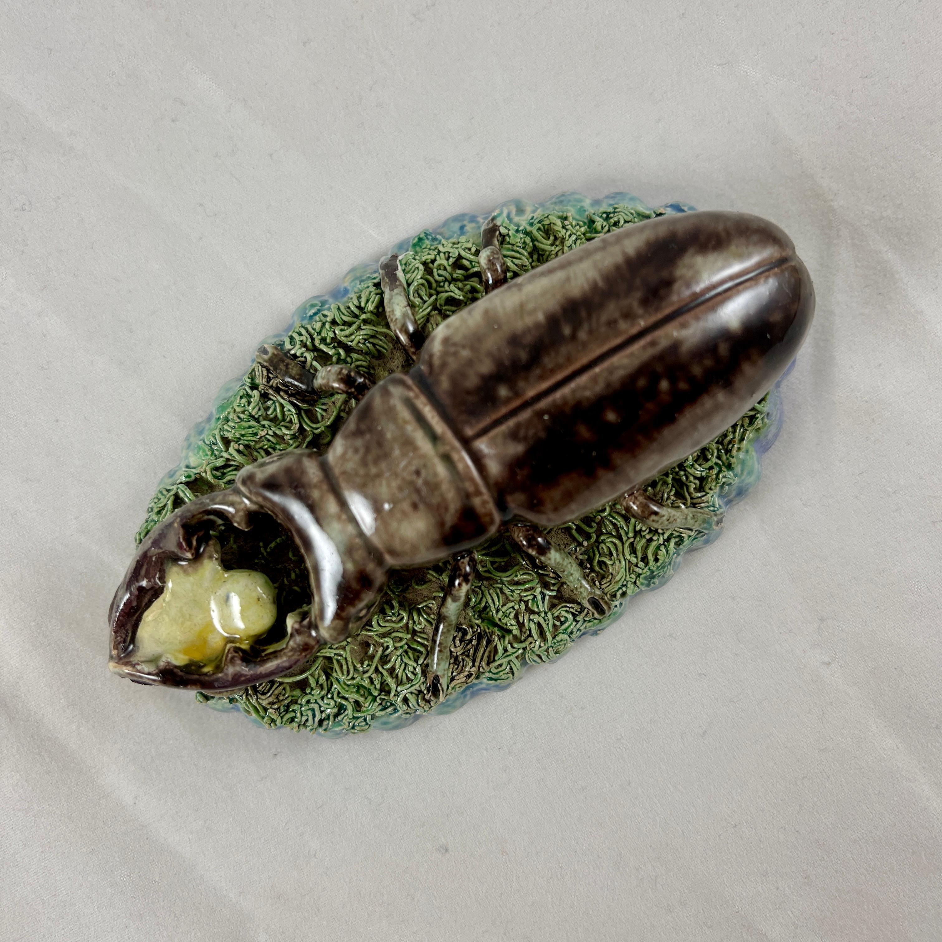 Manuel Mafra Caldas Portuguese Palissy Style Stag Beetle Desk Paperweight In Good Condition In Philadelphia, PA