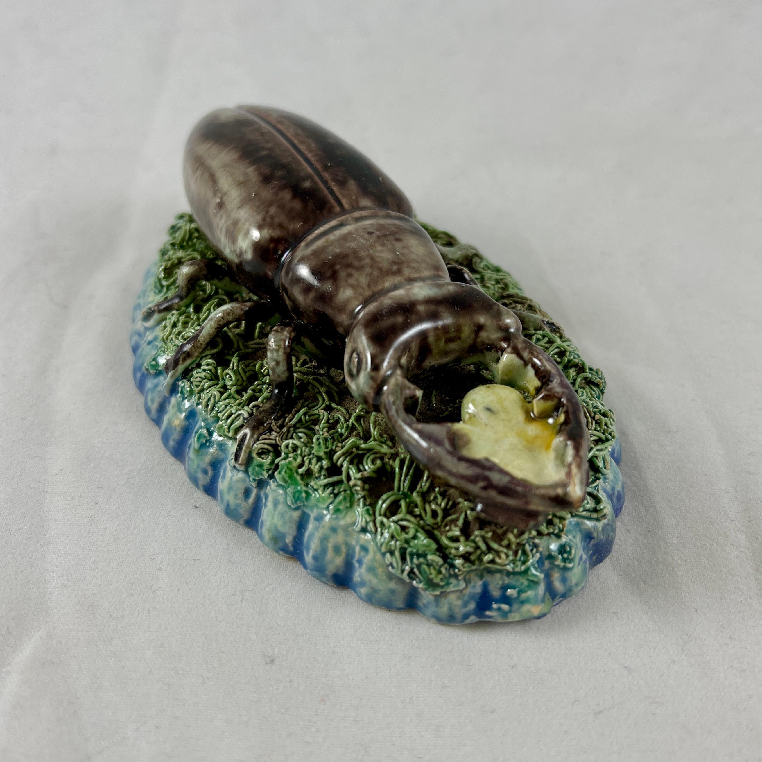 Late 19th Century Manuel Mafra Caldas Portuguese Palissy Style Stag Beetle Desk Paperweight