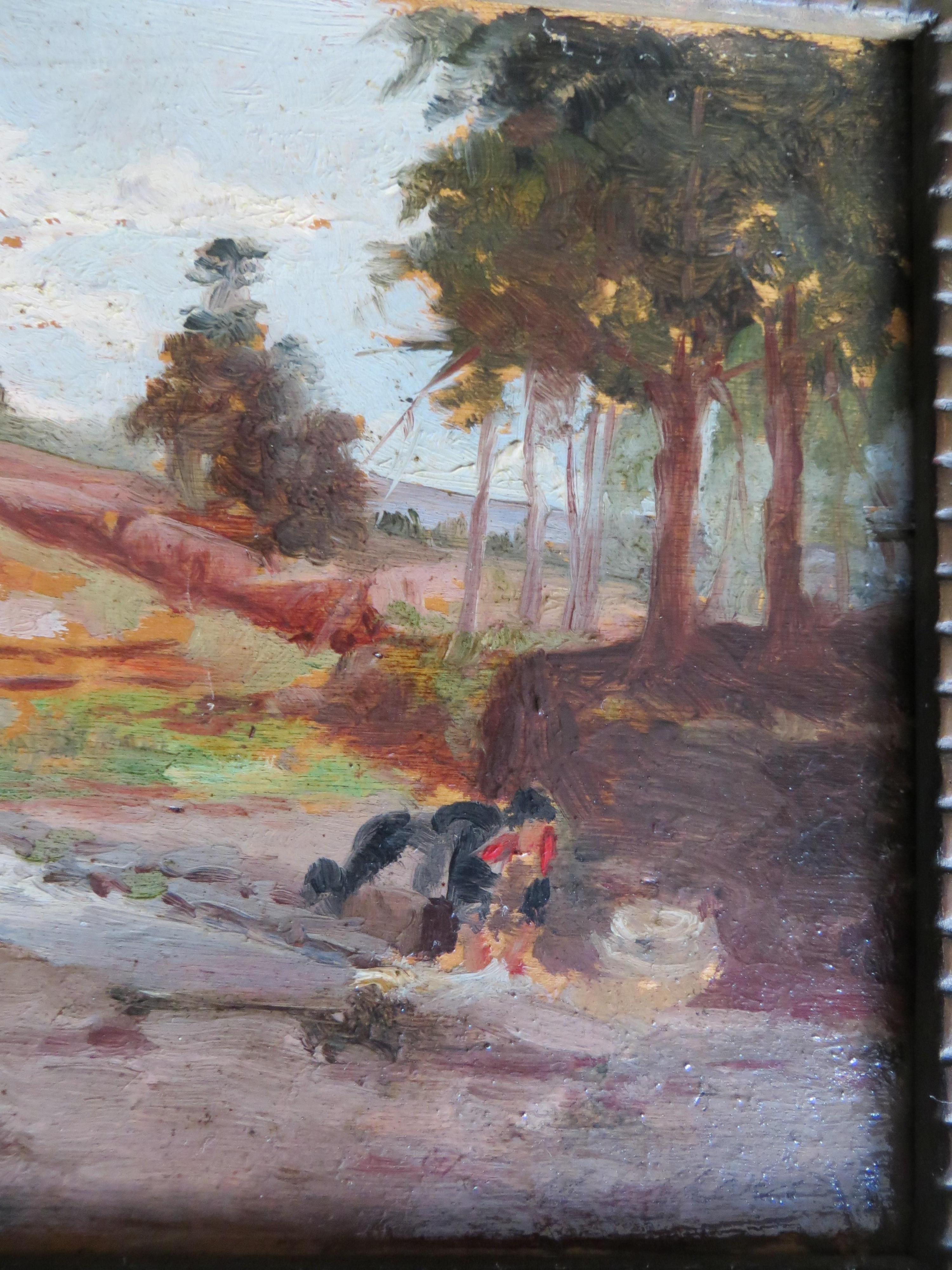 Abgeschrägte Holzmalerei, die eine Flussuferlandschaft mit Lavandieres eines spanischen Malers darstellt.
Er arbeitet in Paris und stellte auf dem Salon des Artistes Français aus. 

Sehr guter Zustand, gerahmt 