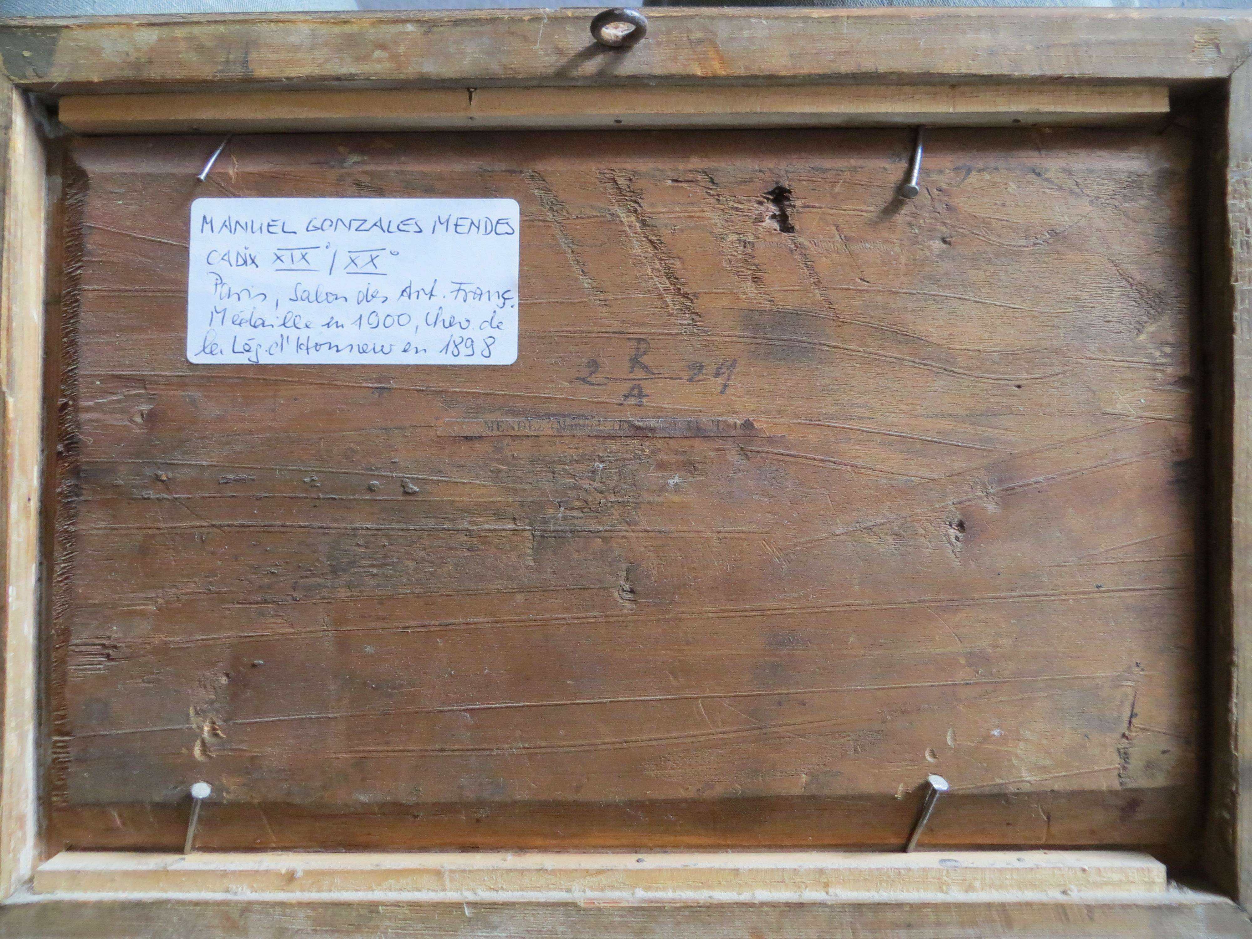 Abgeschrägte Holzmalerei, die eine Flussuferlandschaft mit Lavandieres eines spanischen Malers darstellt.
Er arbeitet in Paris und stellte auf dem Salon des Artistes Français aus. 

Sehr guter Zustand, gerahmt 