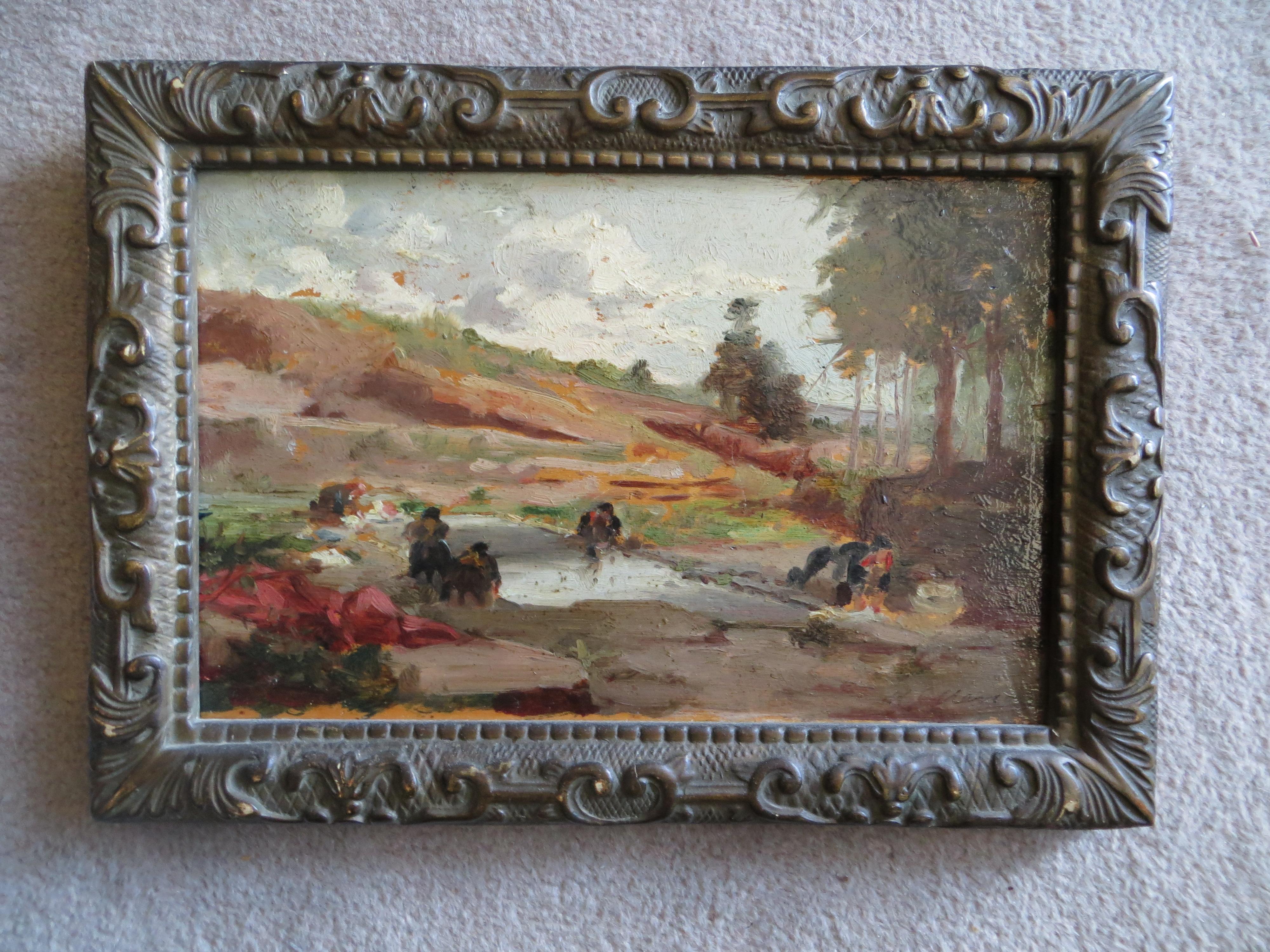 Manuel Mendez Landscape Painting – Lavenders am Rande des Flusses