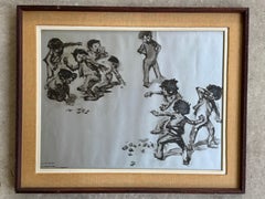 Manuel Monedero, acquerello con inchiostro metallico “Ragazzi che lanciano sassi”, 1925-2002