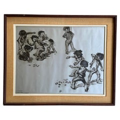 Manuel Monedero, acquerello con inchiostro metallico “Ragazzi che lanciano sassi”, 1925-2002