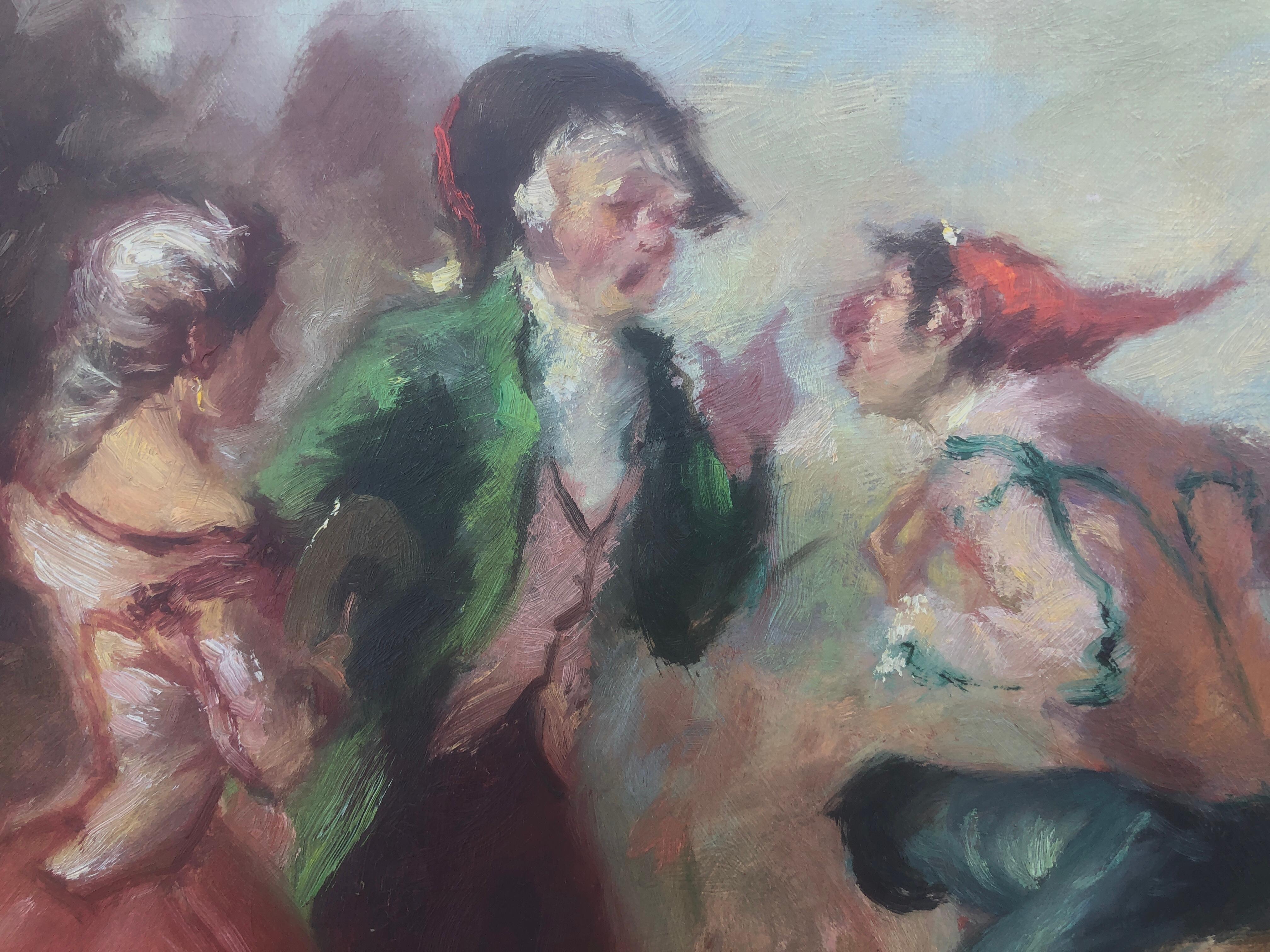 Scena goyesca originale dipinta ad olio su tela - Figurative Painting Nero di Manuel Monedero
