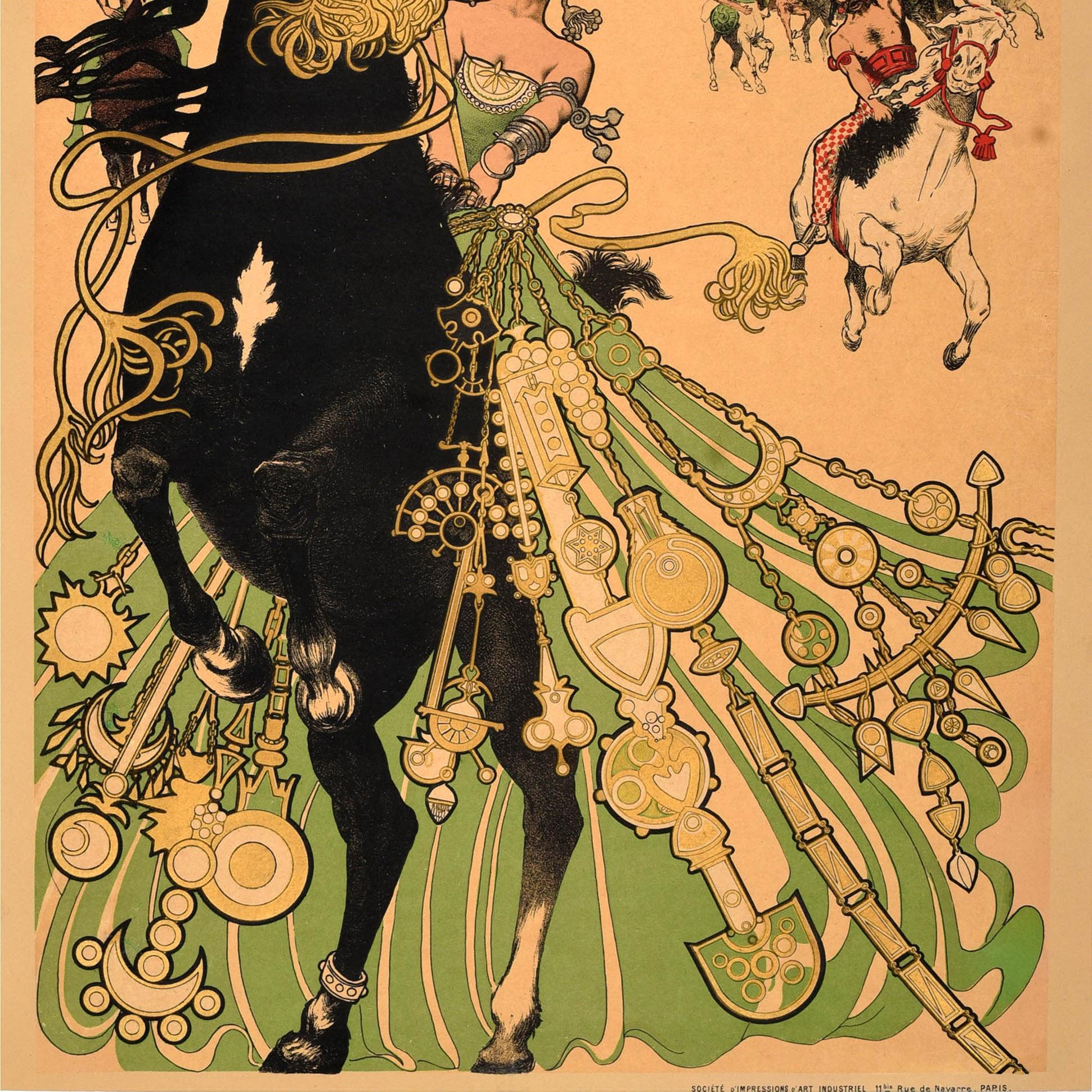 Original antique Art Nouveau poster advertising the Hippodrome Boulevard de Clichy featuring dramatic artwork by the French graphic designer Manuel Orazi (1860-1934) depicting a lady on a horse in a flamboyant costume and headdress leading other