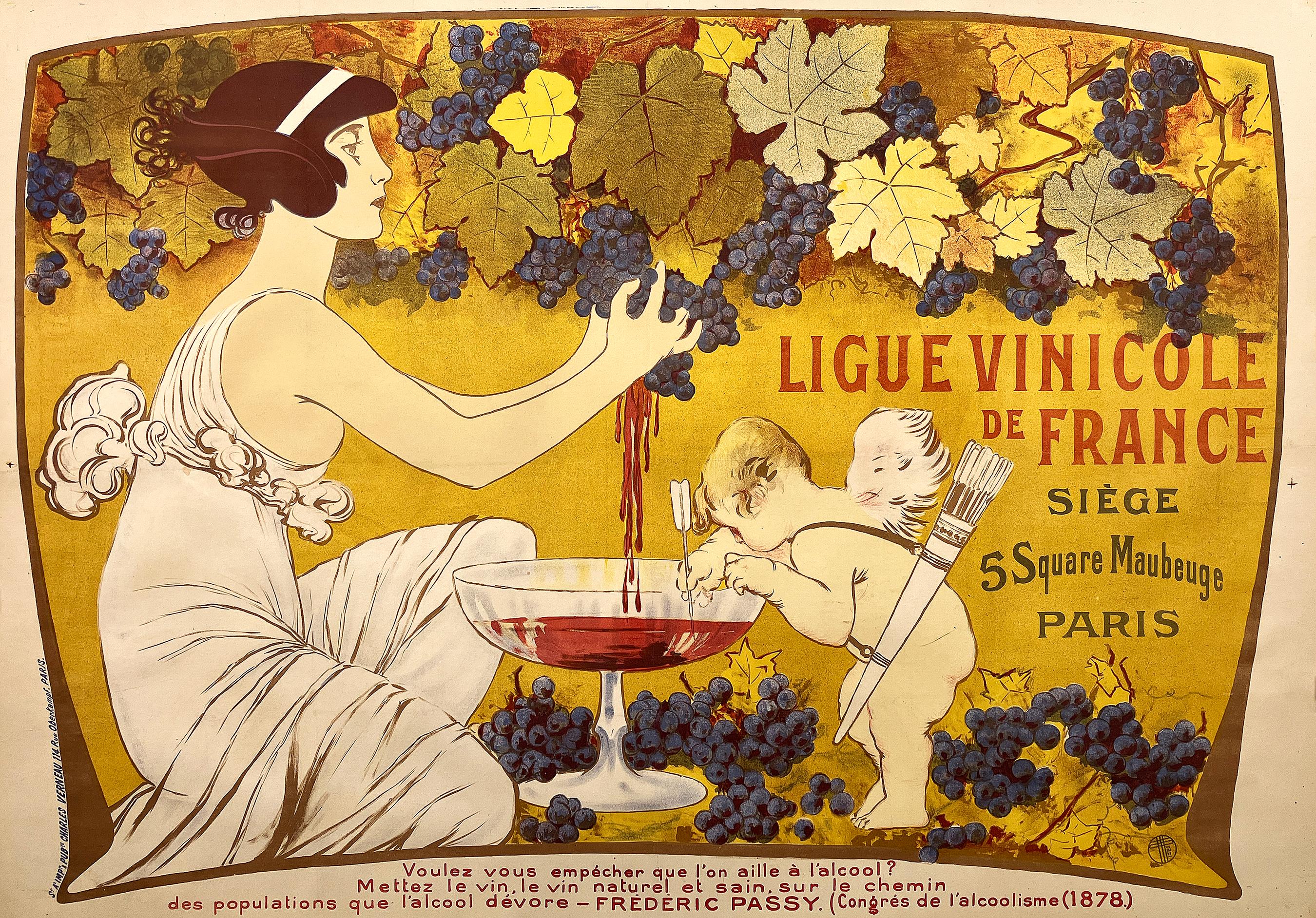 Original Vintage Ligue Vinicole de France Pooster by Manuel Orazi 1901