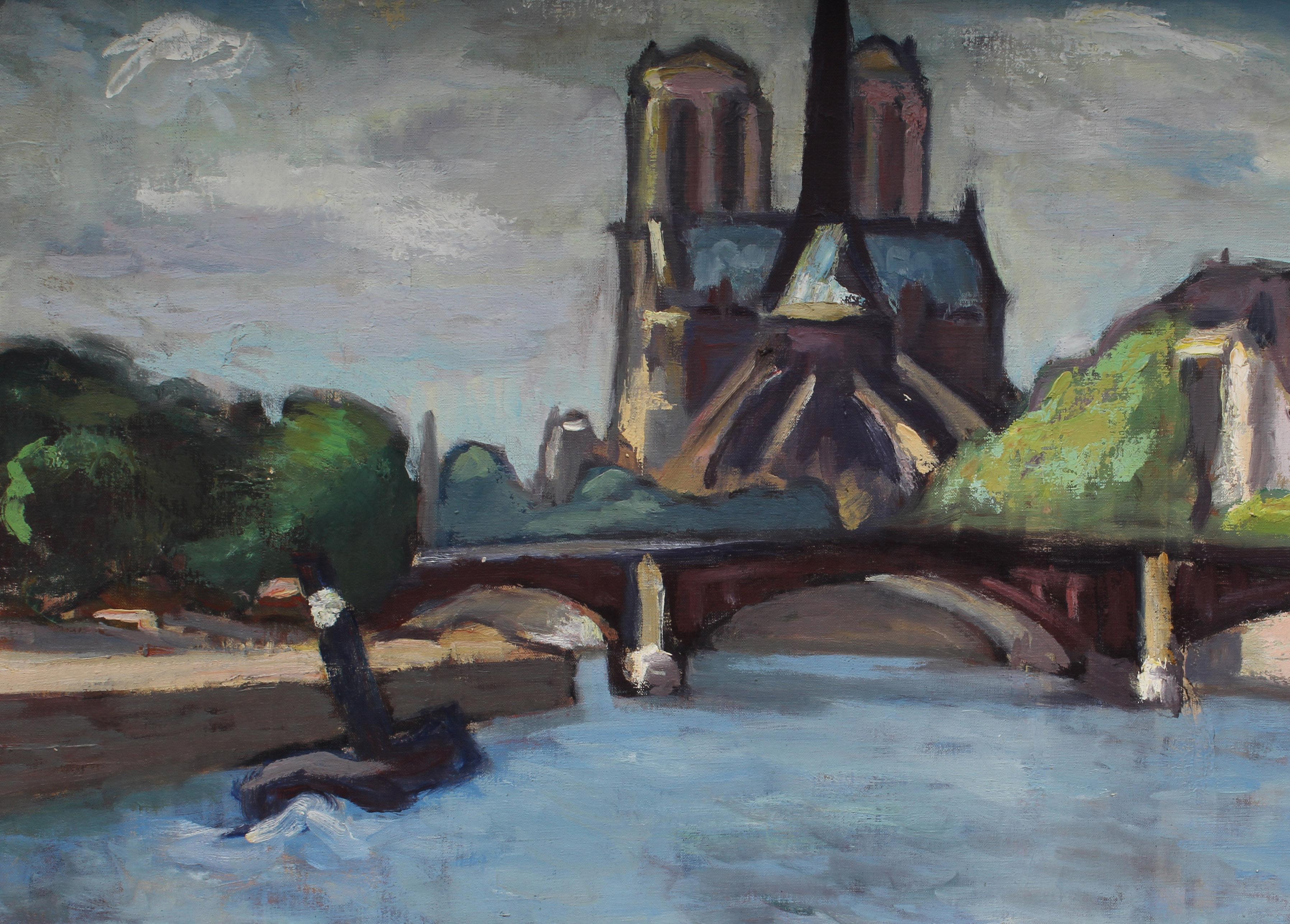 Pintura al óleo impresionista moderna Notre Dame París Sena Río Ortiz de Zarate - Landscape Painting Gris de Manuel Ortiz de Zárate