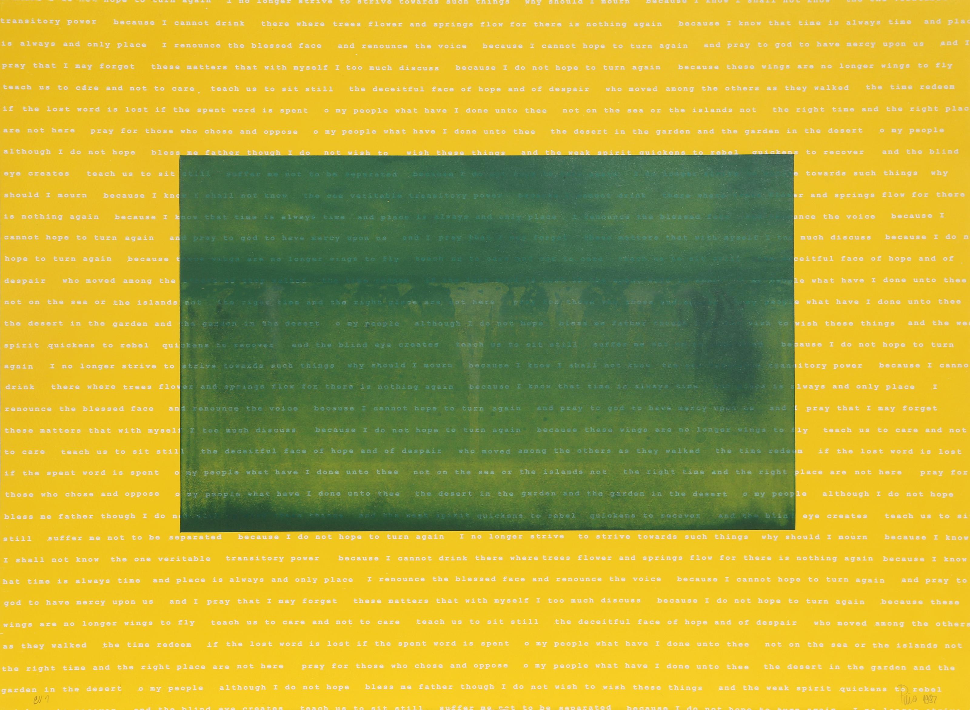 Aguas Baldias (Yellow) by Manuel Piña-Baldoquín is a 1997 etching with embossed letterpress that integrates poetry and visual art in a luminous conceptual composition. This 22.25 x 30 inch print exemplifies Piña-Baldoquín’s innovative approach to