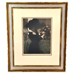 Manuel Robbe (francese 1872-1936) Acquatinta Donna con fiori in uno specchio riflesso