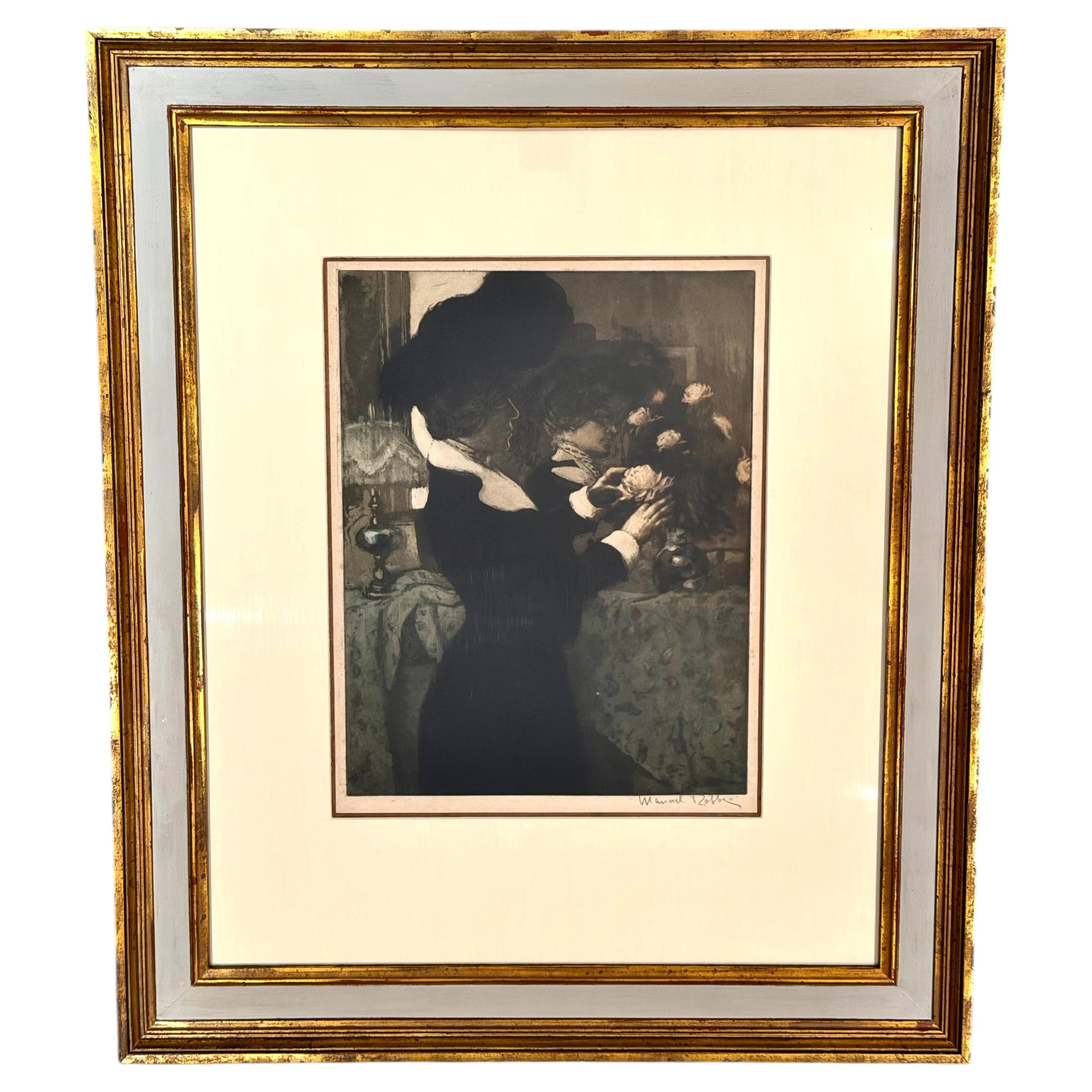 Manuel Robbe (French 1872-1936) Aquatint Woman with Flowers in Reflected Mirror For Sale