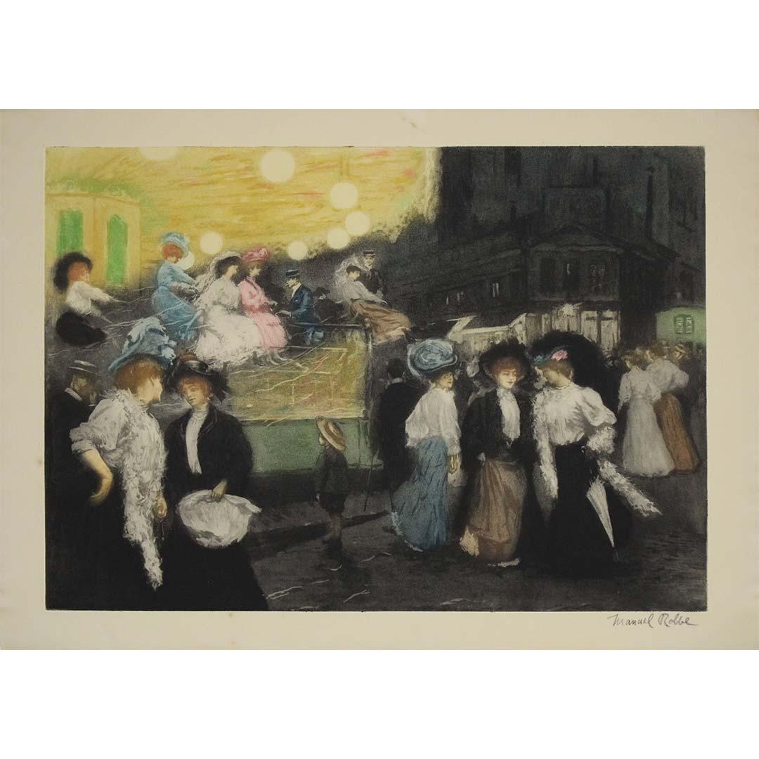In this luminous Belle Époque scene, Manuel Robbe turns his refined eye to Place Blanche, one of Paris
s most animated quarters, located at the foot of Montmartre and famed for its proximity to the Moulin Rouge. Titled Le Manège (The Carousel), this