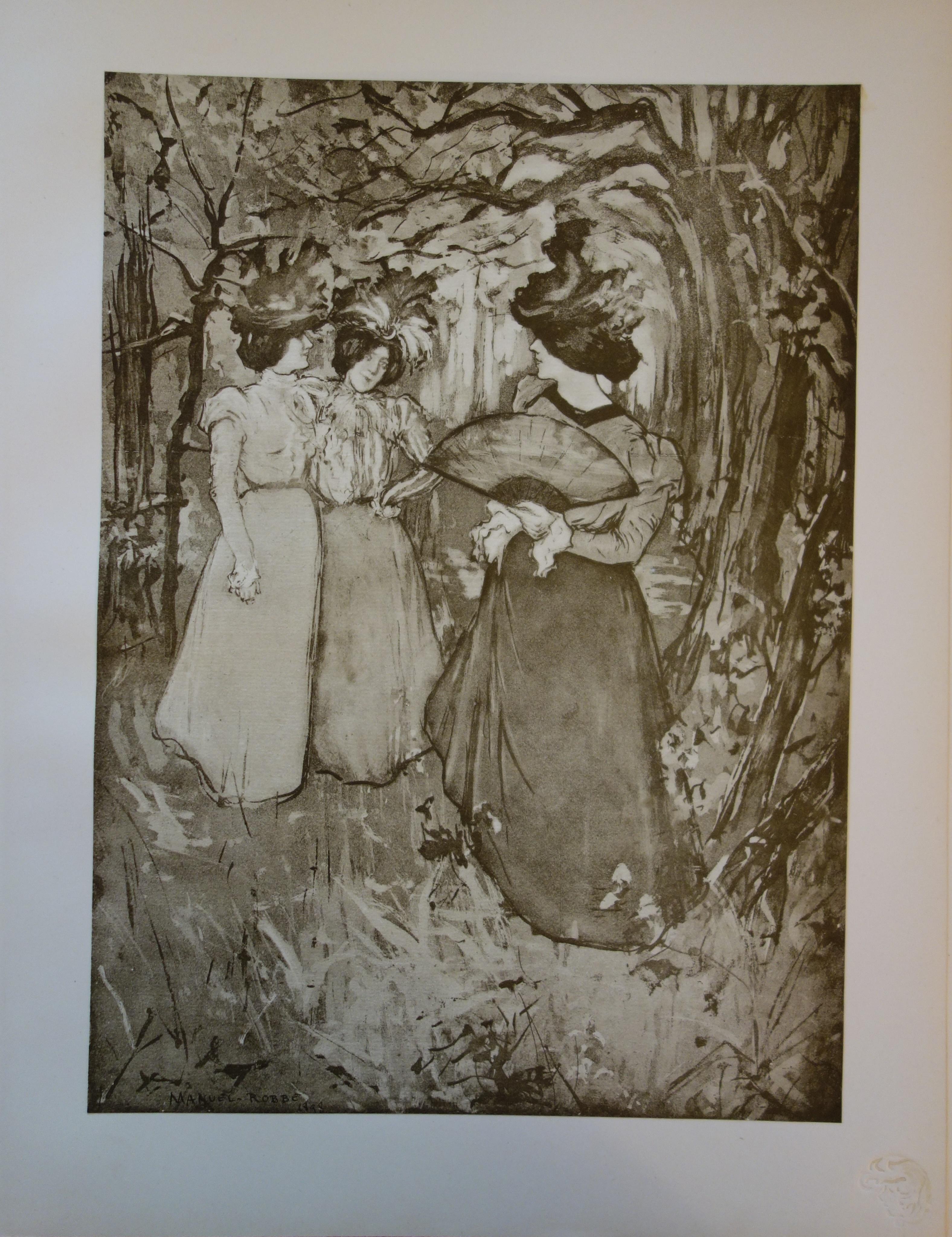 Elegant Women in a Park - Original lithograph, 1898 - Print by Manuel Robbe