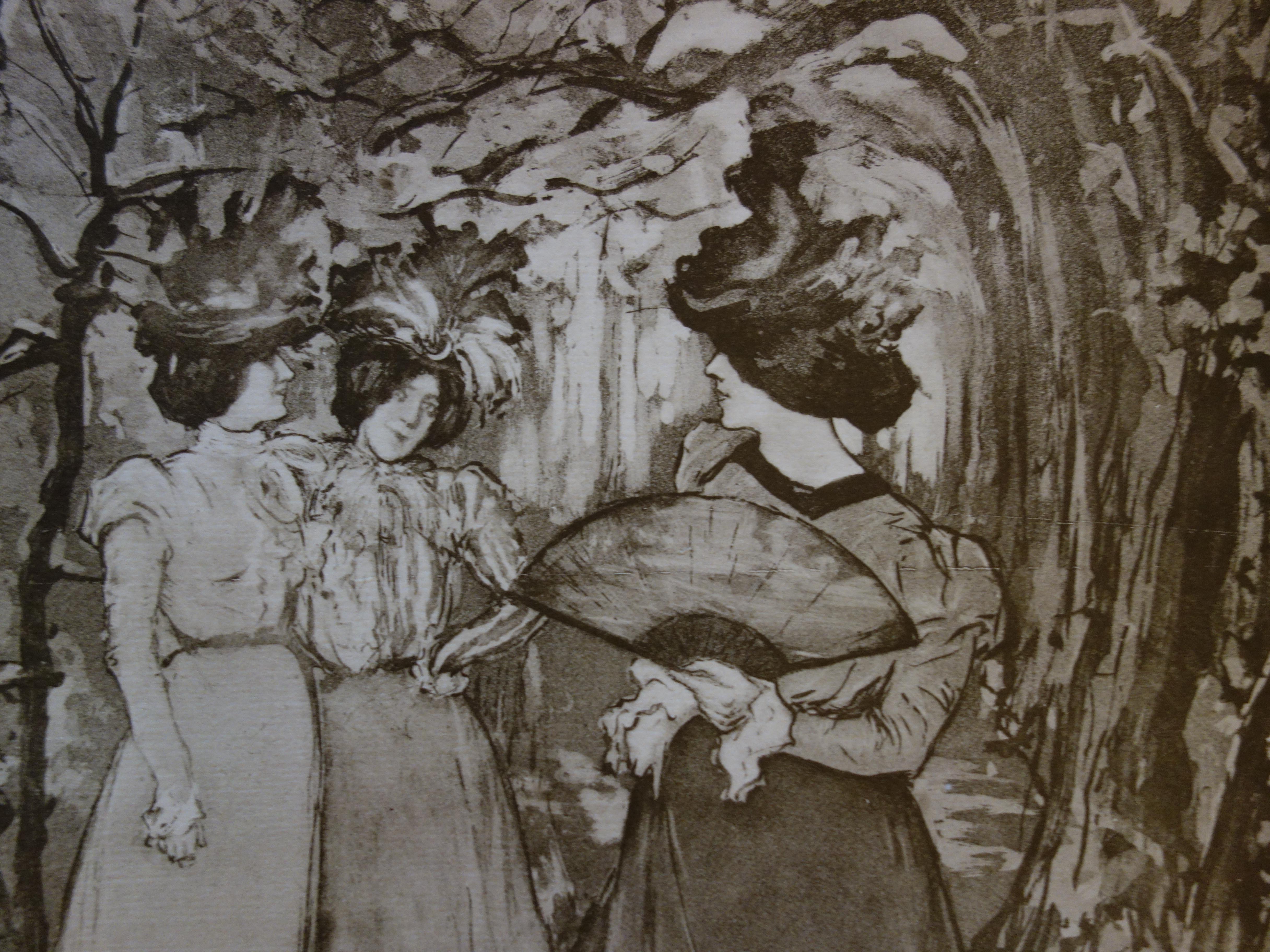 Elegant Women in a Park - Original lithograph, 1898 - Symbolist Print by Manuel Robbe