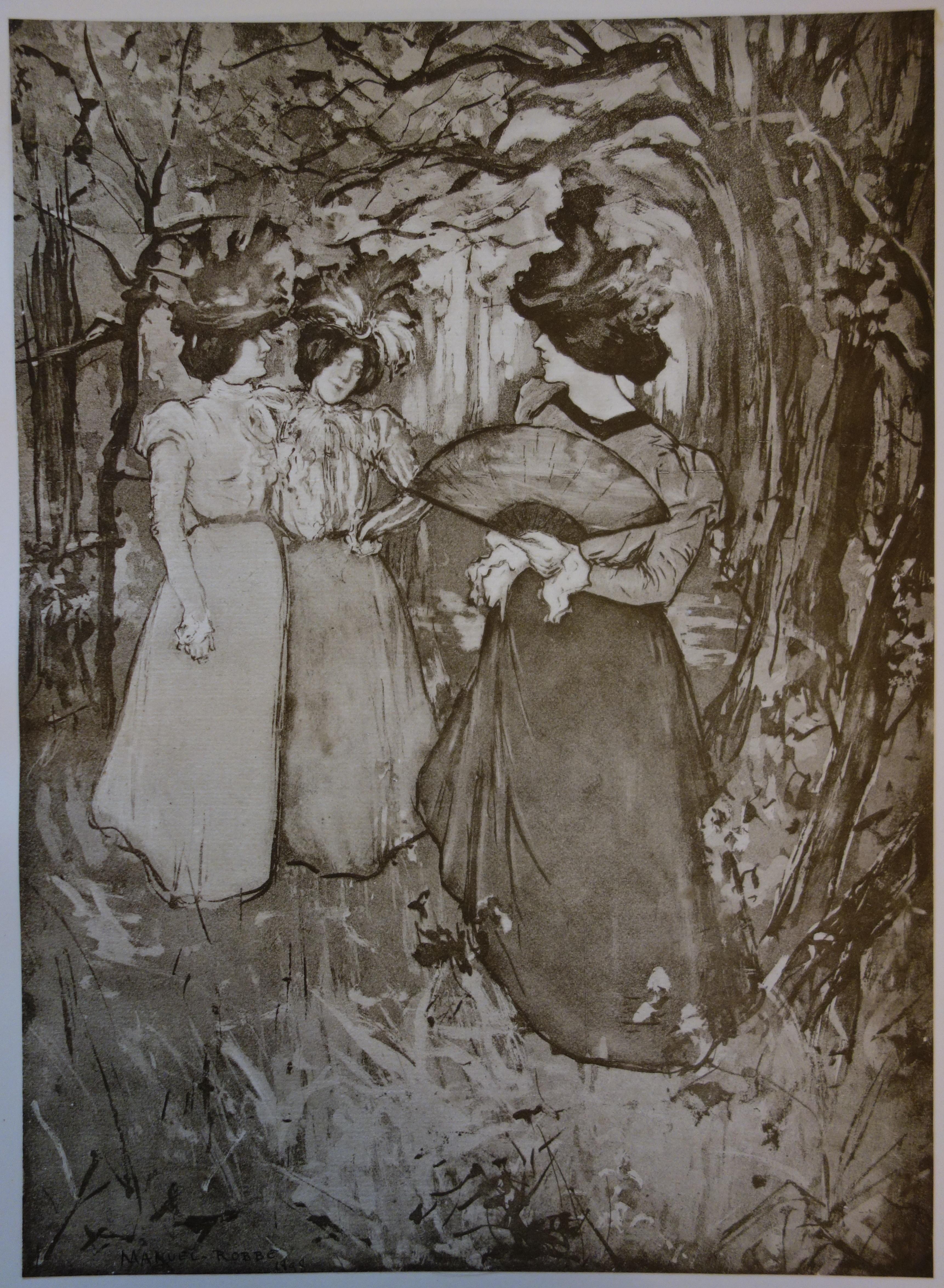 Les femmes élégantes dans un parc - Lithographie originale, 1898