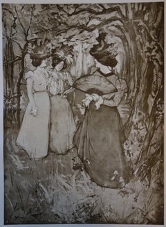 Mujeres elegantes en un parque - Litografía original, 1898