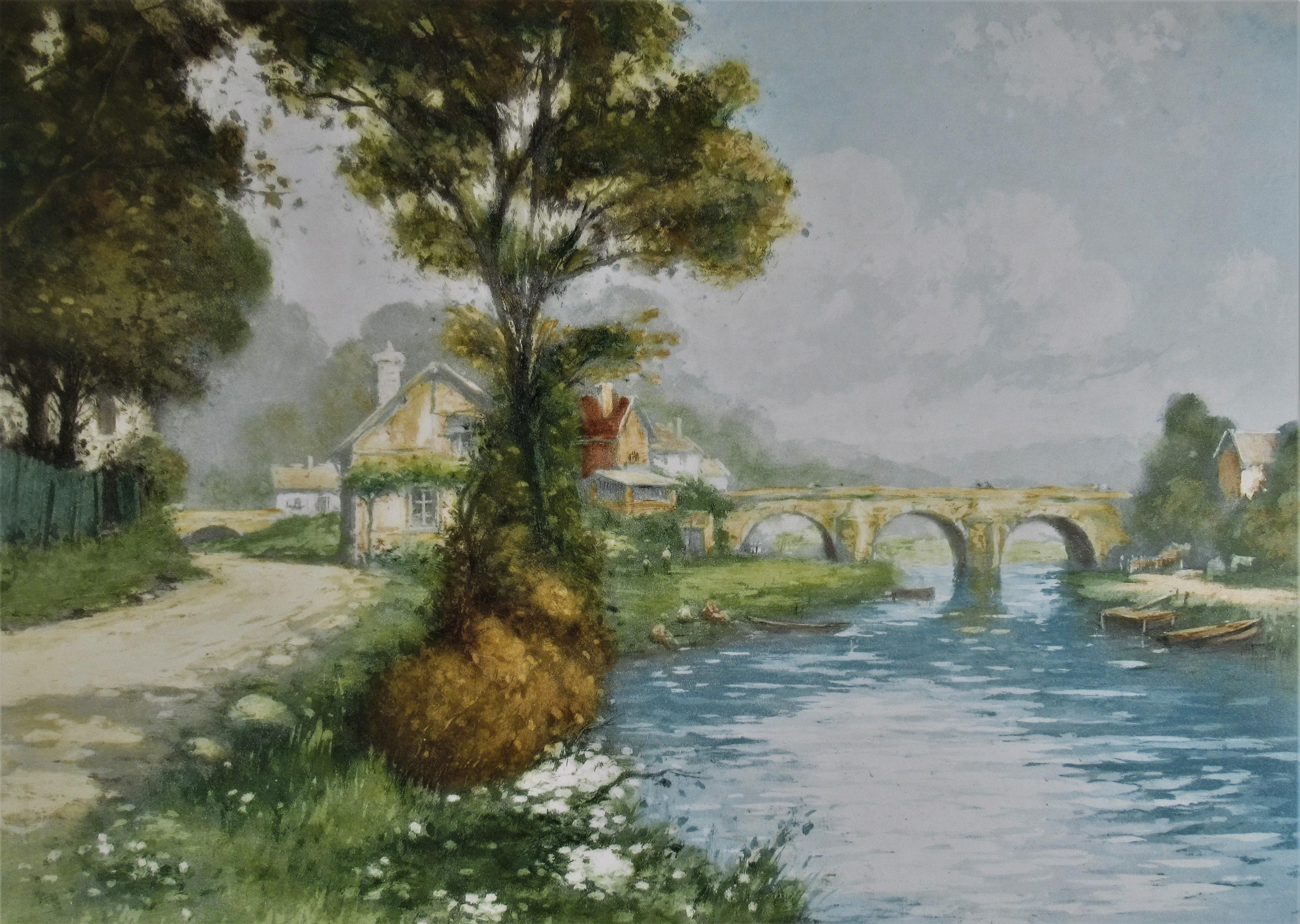 Landscape with River and Bridge - Print by Manuel Robbe