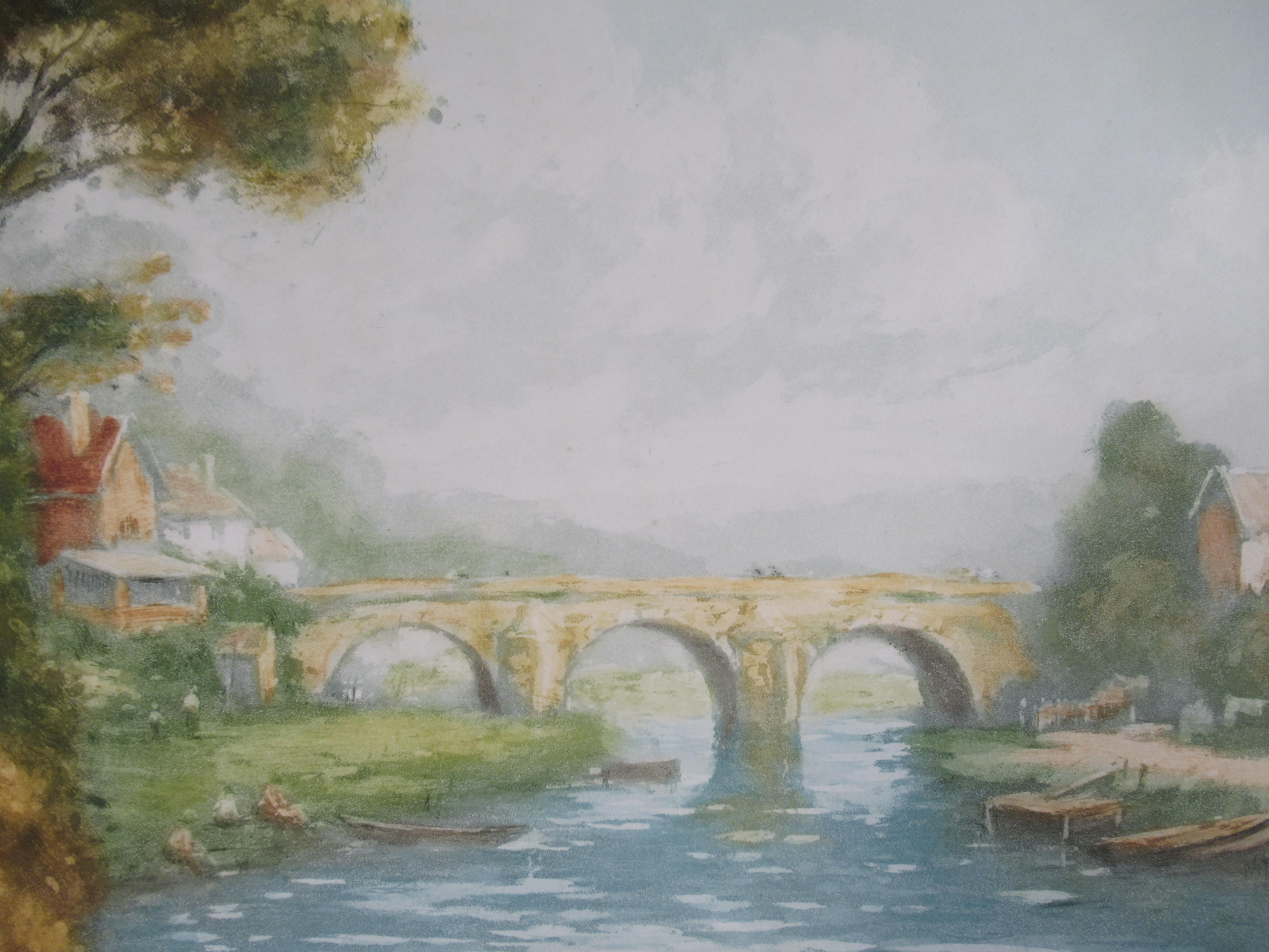 Landscape with River and Bridge - Impressionist Print by Manuel Robbe