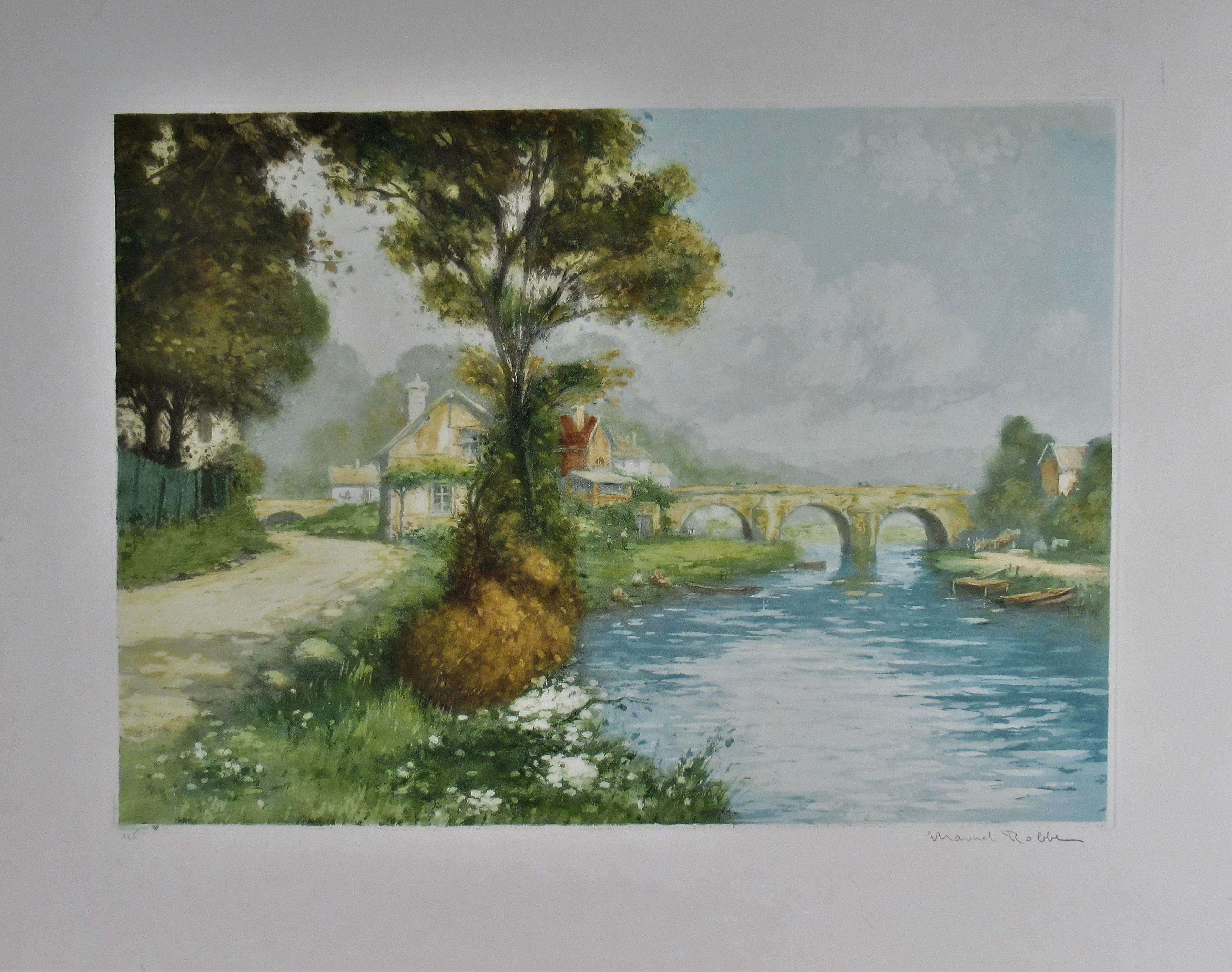 Manuel Robbe Figurative Print - Landscape with River and Bridge