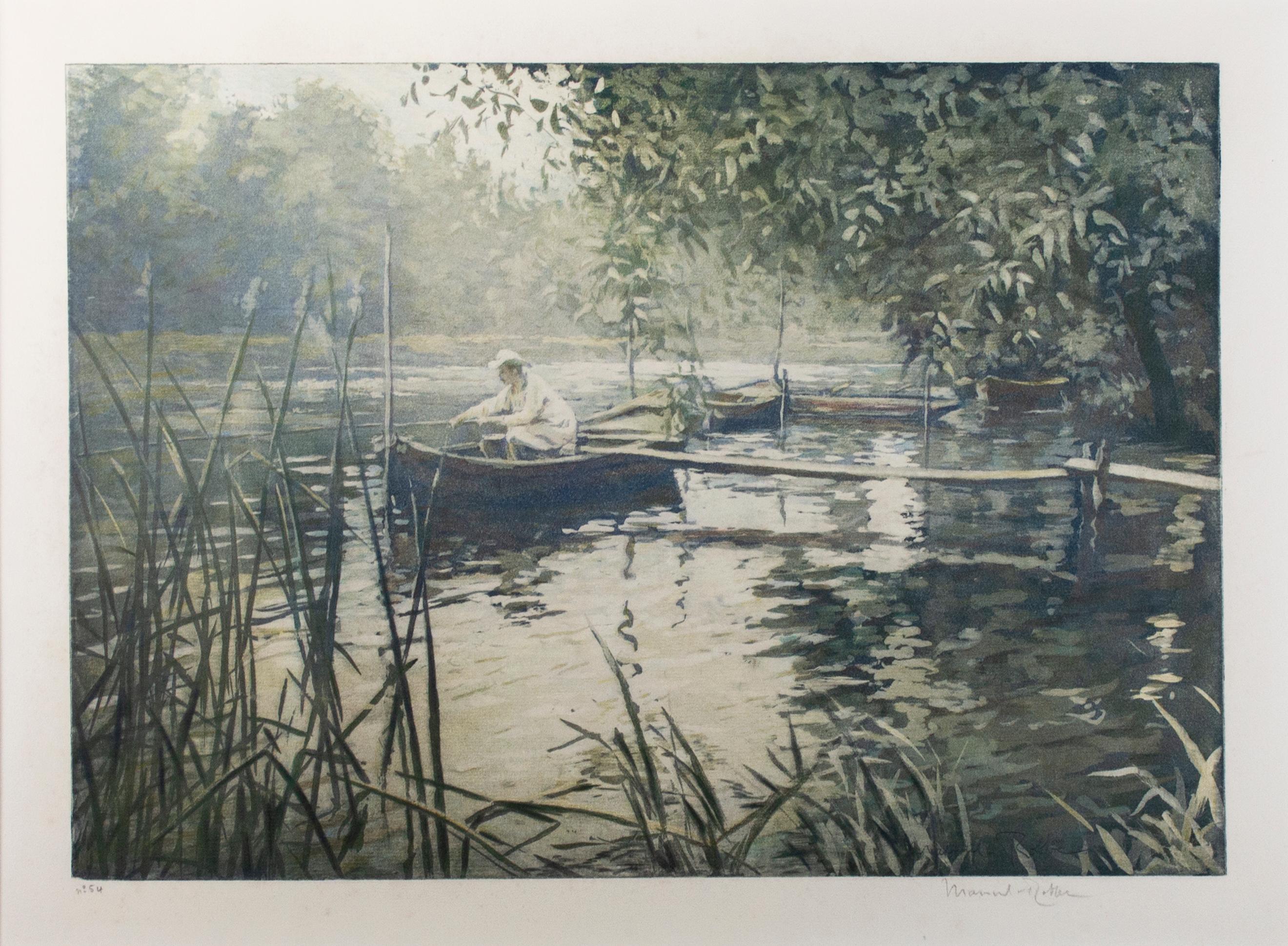 Early 20th century aquatint landscape figure boat water trees lake print signed - Print by Manuel Robbe