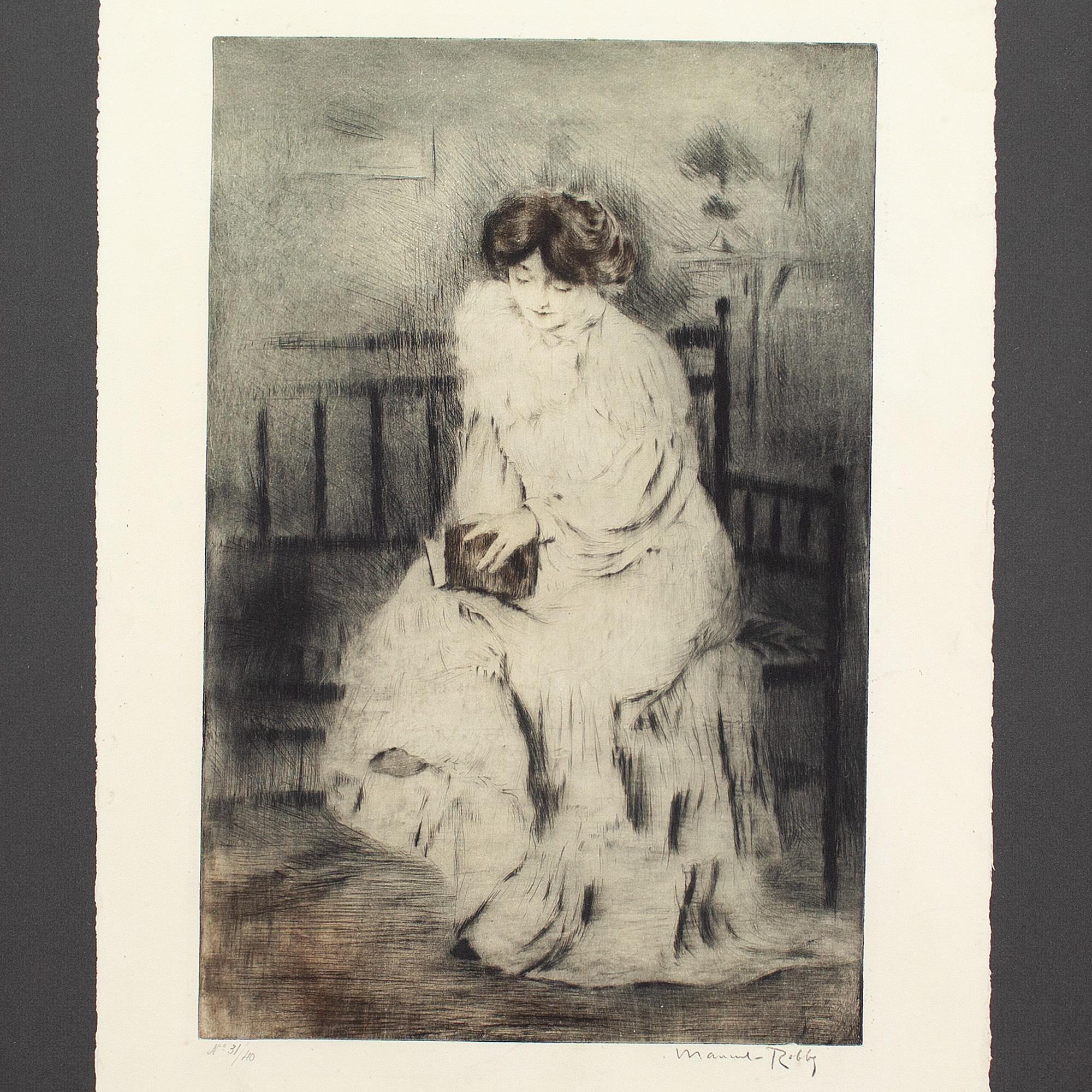 This early 20th-century drypoint etching by eminent French artist Manuel Robbe (1872-1936) depicts a lady reading within the comfort of her own bedroom. It’s a celebration of beauty, escapism, and education.

Perched upon the corner of her bed