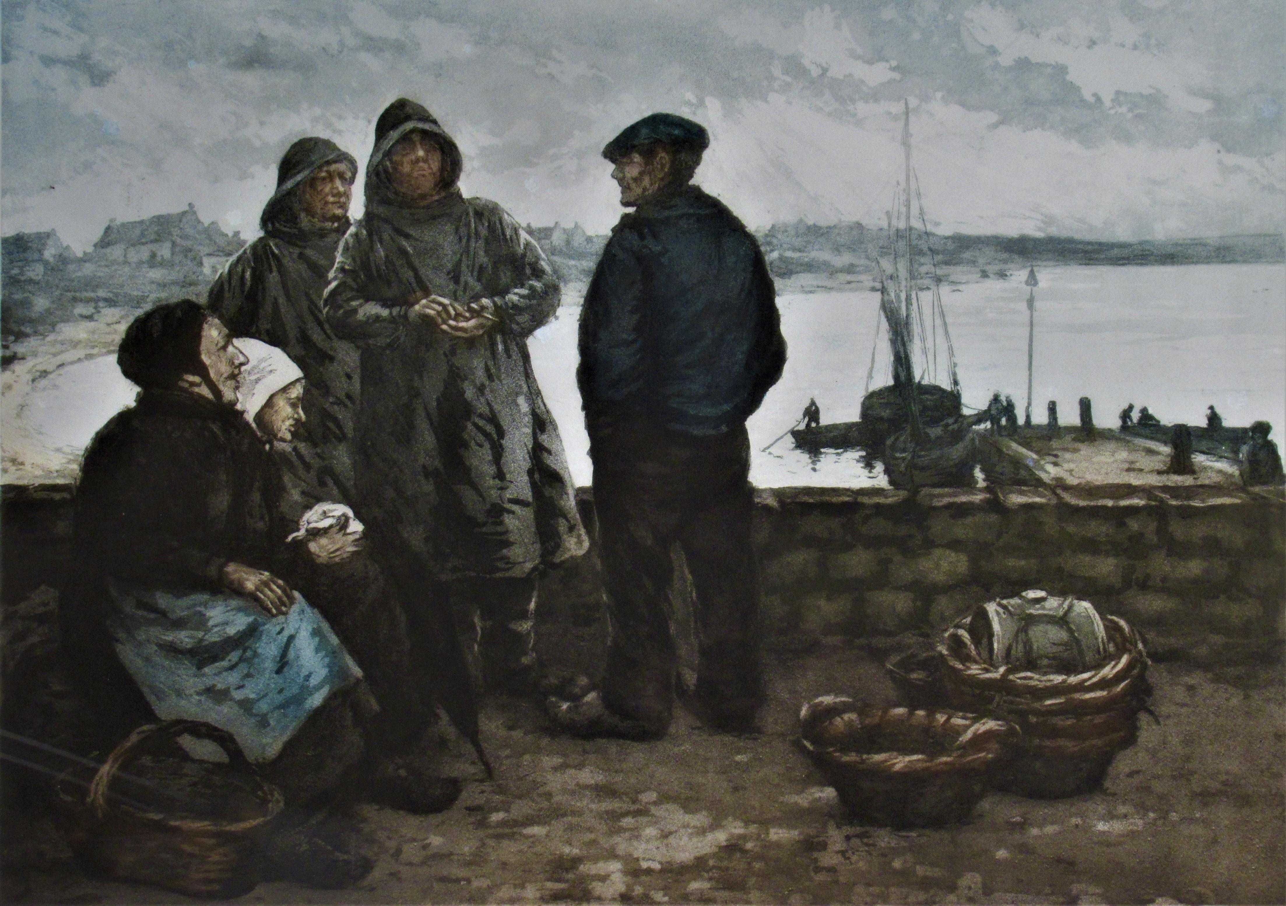 Marinos y Mujeres de Pecheurs Bretons sur les Quais - Print de Manuel Robbe