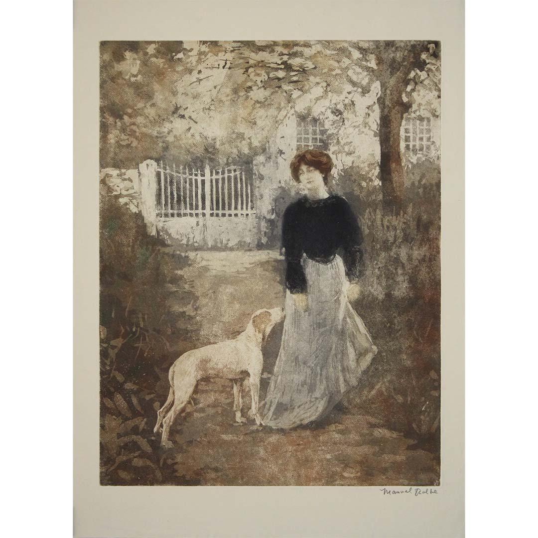 In Femme au chien, Manuel Robbe captures a moment of serene domestic intimacy—a young woman pausing during a garden stroll as her loyal dog gently nuzzles her. This original 1907 aquatint engraving is a tender portrayal of quiet companionship,