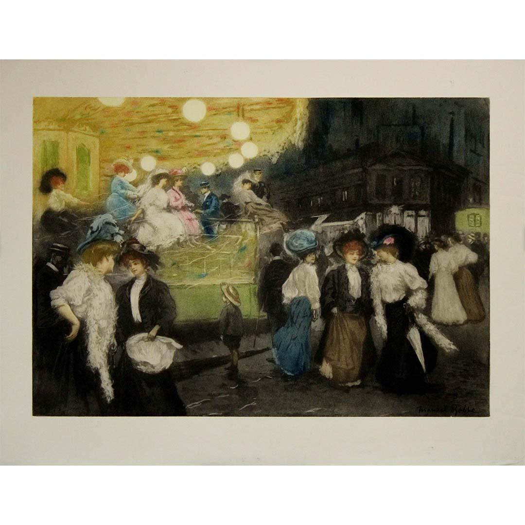 L'aquatinte originale "Le manège ou la Place Blanche à Paris" de Manuel Robbe est une représentation captivante de la vie parisienne du début du XXe siècle. Cette œuvre d'art, créée par le célèbre artiste français Manuel Robbe, capture