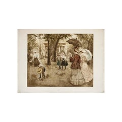 Original engraving by Manuel Robbe - Promenade Au Parc Monceau
