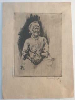 Antique Picture of Woman - Original Etching by Manuel Robbe - 1892