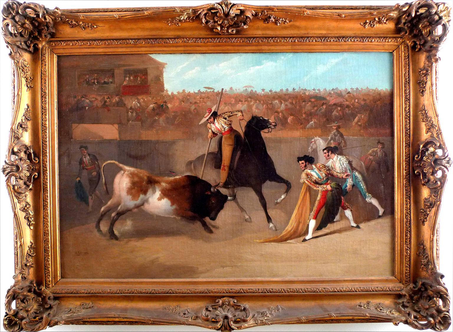 MANUEL RODRÍGUEZ DE GUZMÁN
Espagnol, 1818 - 1867
LA FAENA DEL PICADOR
signé "M. A&M. Rodriguez" (en bas à gauche)
huile sur toile
23 x 34-1/4 pouces (58,5 x 87 cm)
encadré : 31-5/8 x 43-1/8 pouces (81 x 109.5 cm.)

PROVENANCE
Collectionneur privé,