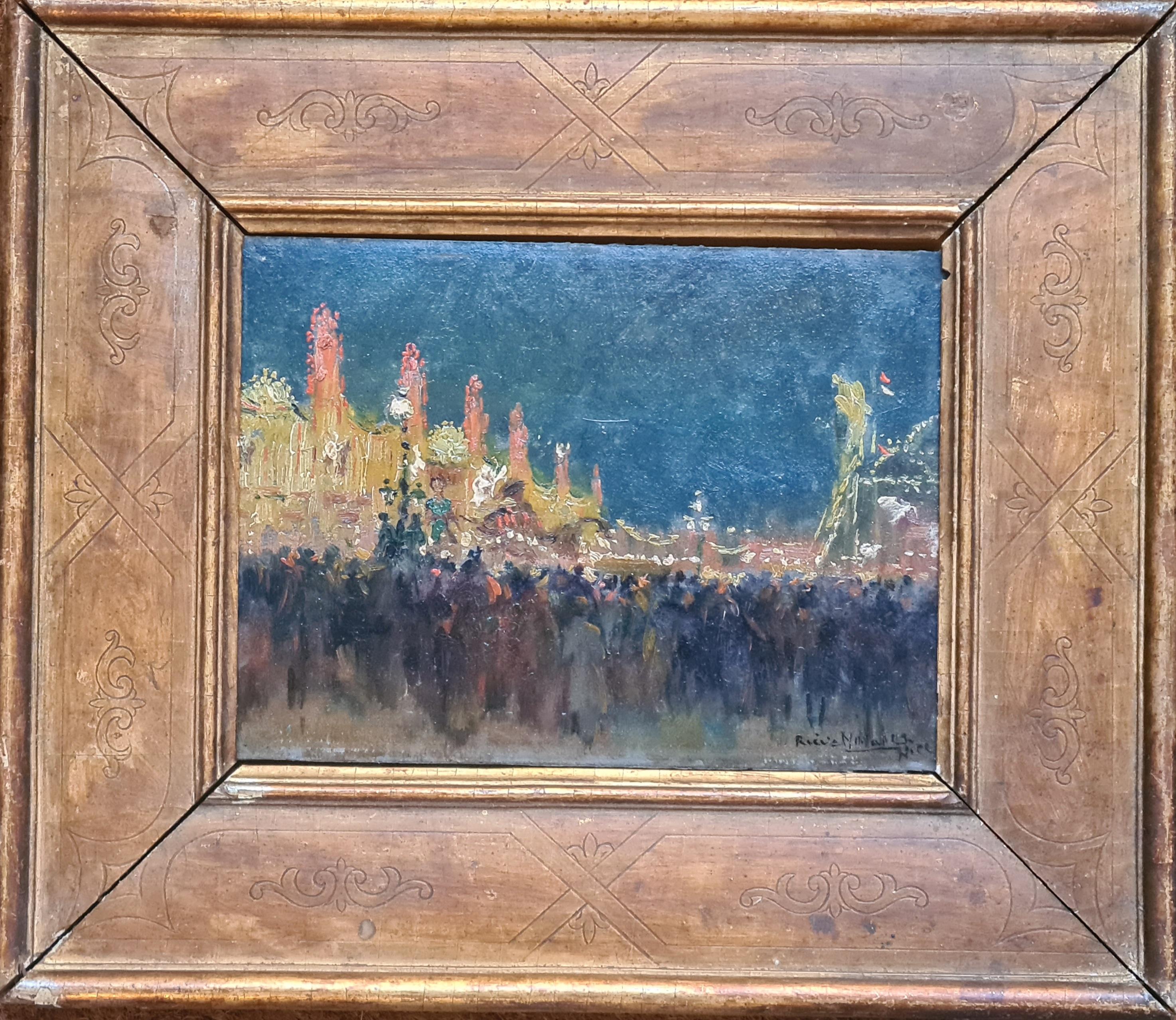 The Carnival in Nice, Belle Epoque Impressionist Oil on Panel - Painting by Manuel Ruiz Sanchez Morales