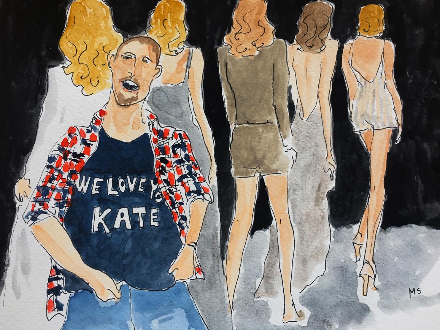 Manuel Santelices Portrait Painting - Fashion designer "Alexander McQueen/ wearing a We love Kate Moss" Tshirt