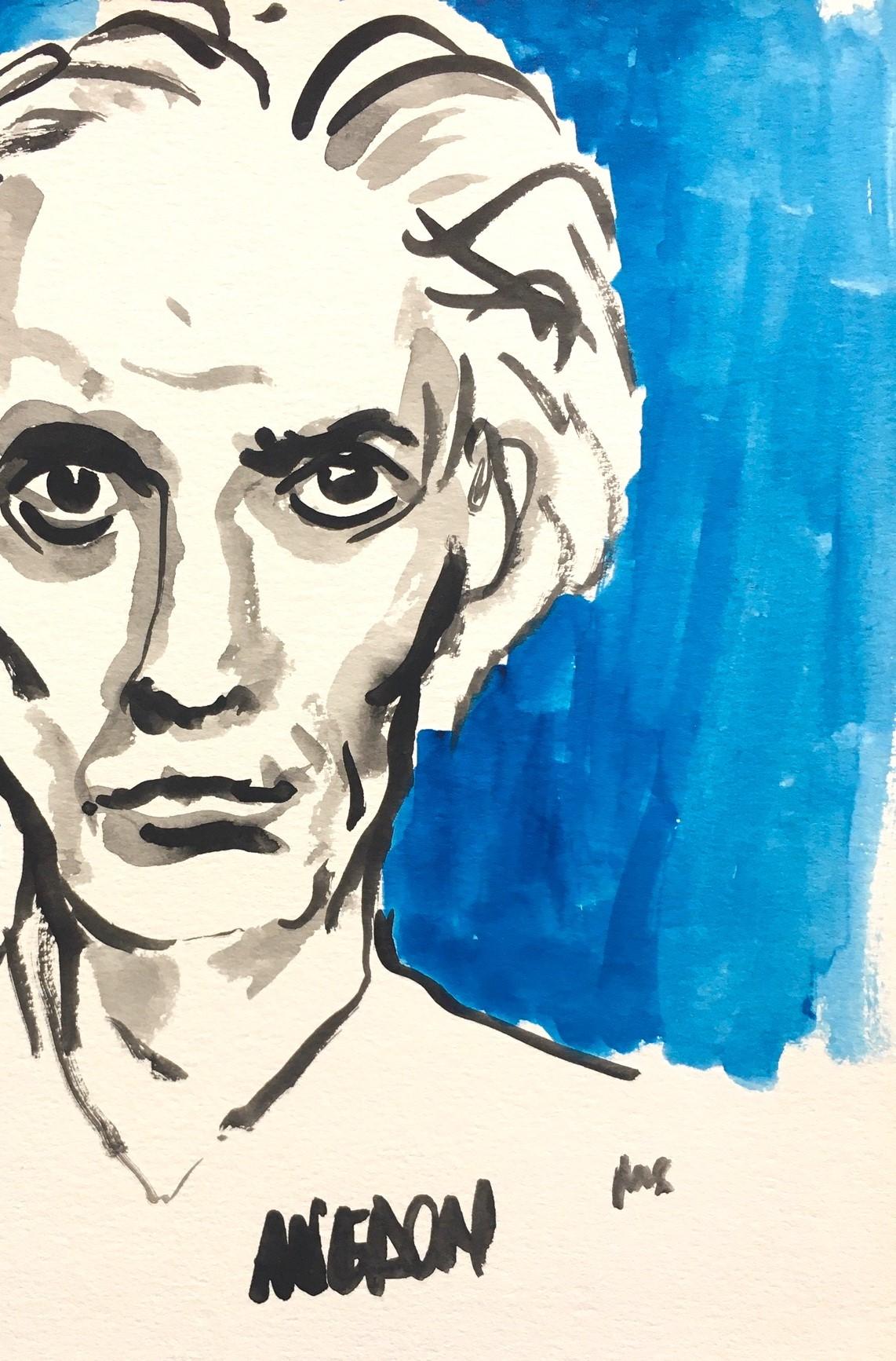 Portrait of American photographer Richard Avedon.  Watercolor and ink on paper  - Contemporary Art by Manuel Santelices