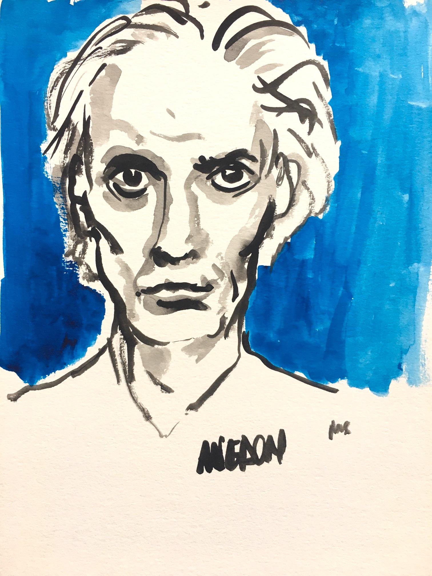 Portrait du photographe américain Richard Avedon.  Aquarelle et encre sur papier 