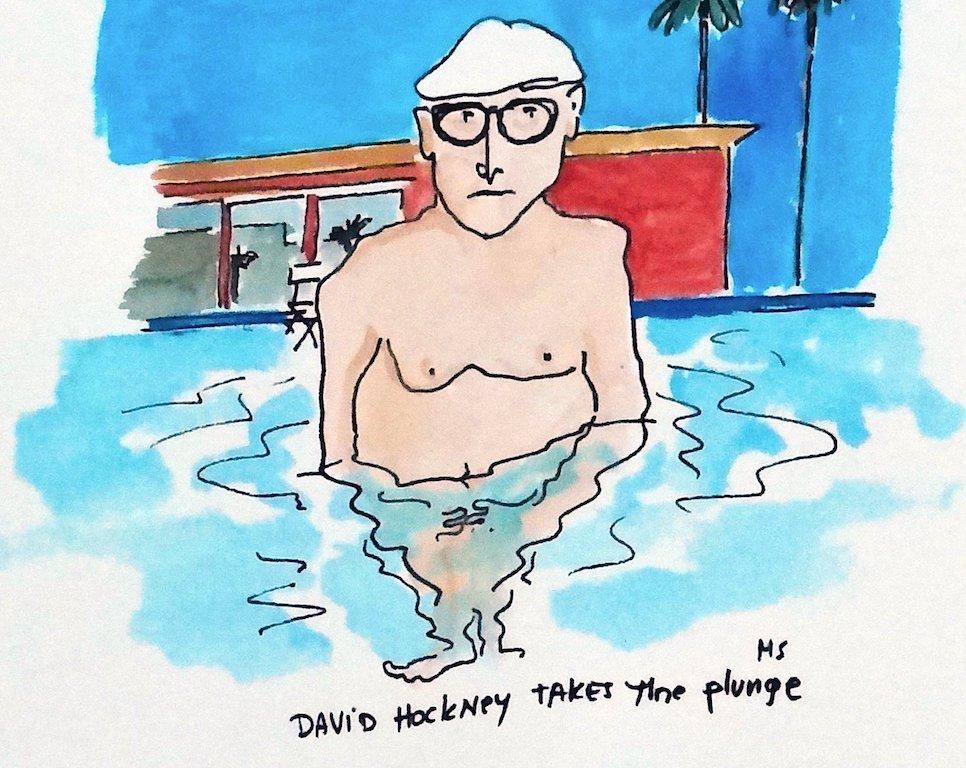 David Hockney Takes the Plunge - One of a kind watercolor - Art by Manuel Santelices