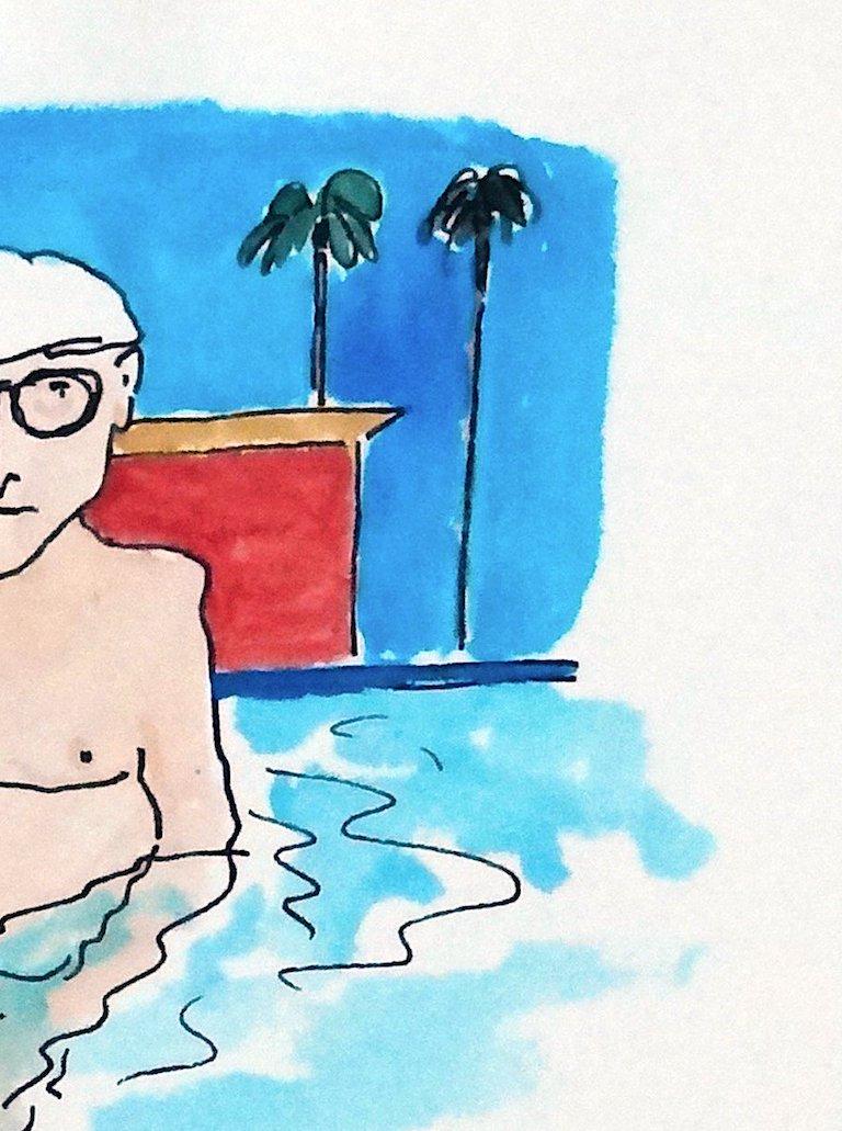 David Hockney Takes the Plunge - One of a kind watercolor - Pop Art Art by Manuel Santelices