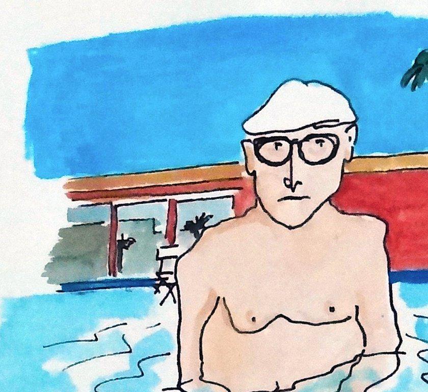 David Hockney Takes the Plunge - One of a kind watercolor - Gray Portrait by Manuel Santelices