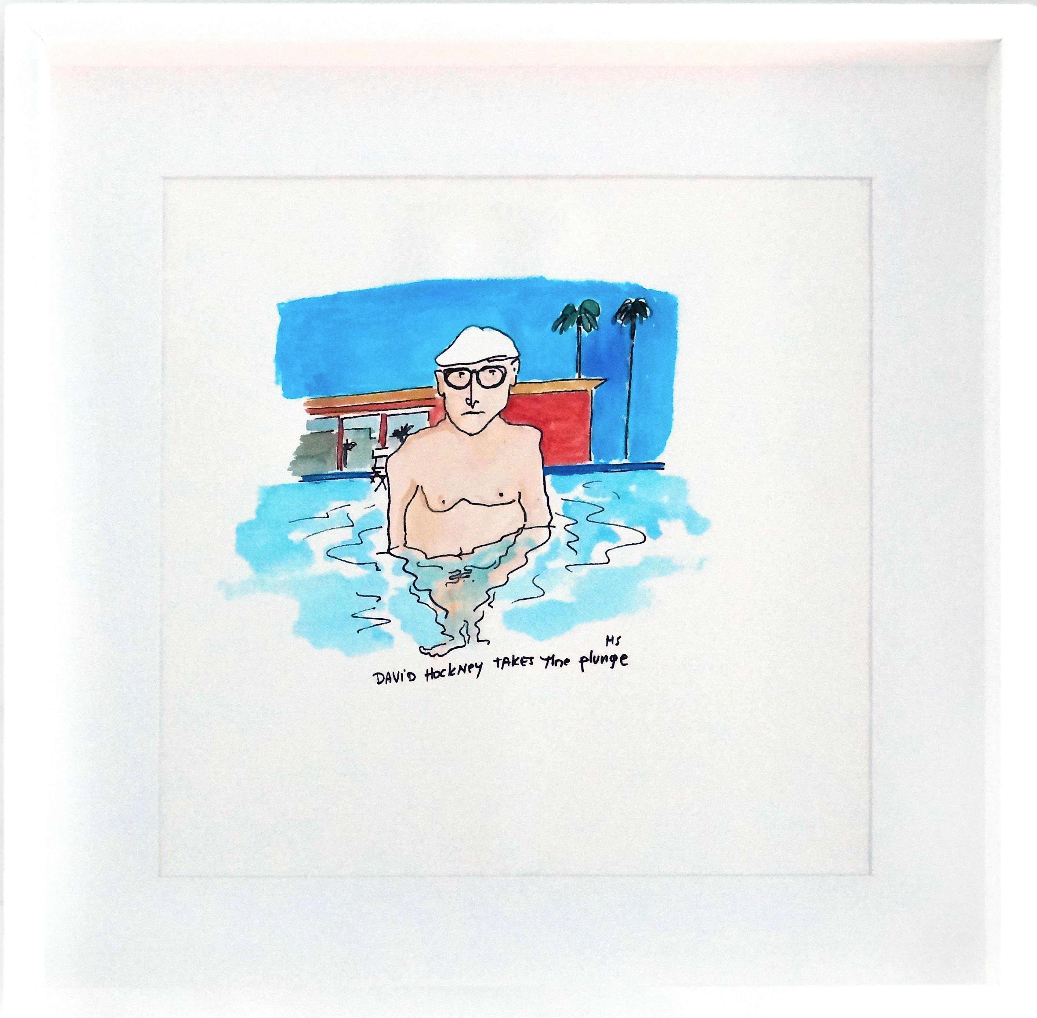 Manuel Santelices Portrait - David Hockney Takes the Plunge - One of a kind watercolor