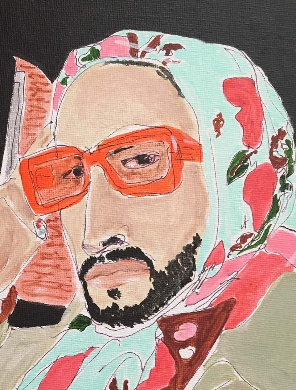Diseñador de moda Marc Jacobs Rosa y azul, Díptico. Acrílico sobre lienzo - Portrait Painting Beige de Manuel Santelices